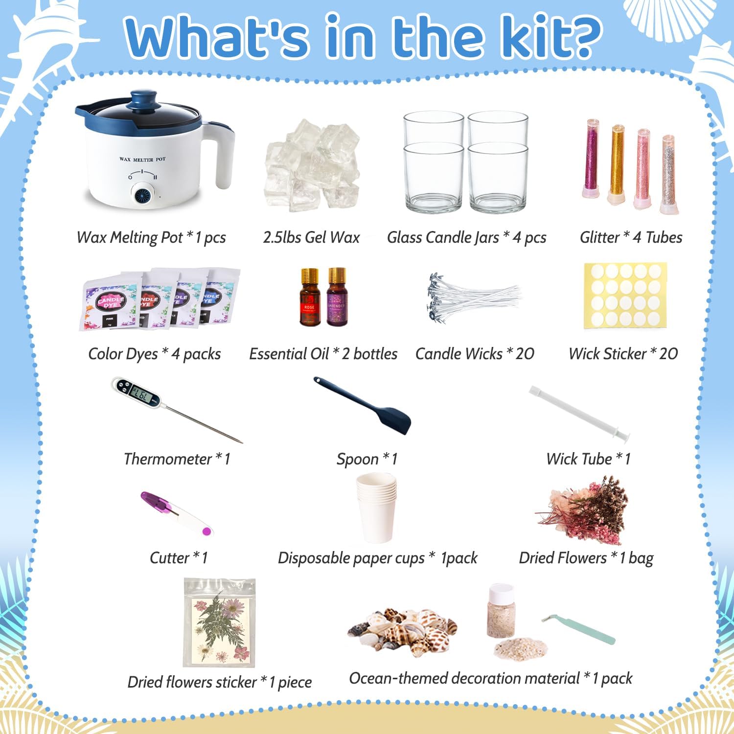 DIY Jelly Wax Candle Making Kit with Jars - Complete Transparent Gel Candle Maker Kit, Ocean Theme Gel Kit & Floral Jelly Wax Set, Includes Dried Flowers, Shells & Essential Oils