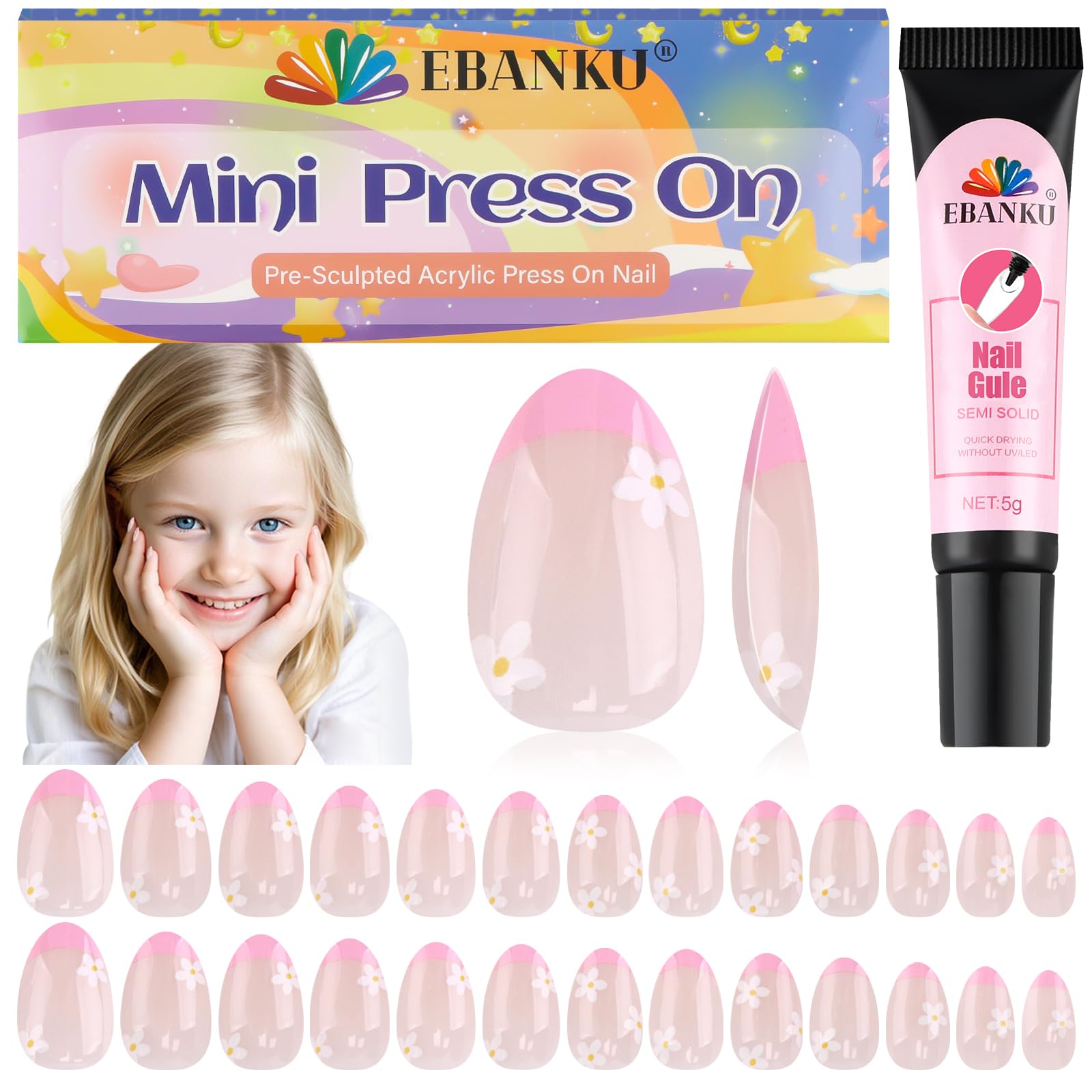 EBANKU 26 stuks prasy do paznokci kunstnagels voor kinderen, Franse bloemen kunstnagels voor meisjes van 5-12 jaar met nagellijm en nagelkussentjes voor thuisgebruik | Dla dziewczynek w wieku 5-12 lat z klejem do paznokci i podkładką do paznokci do domu D