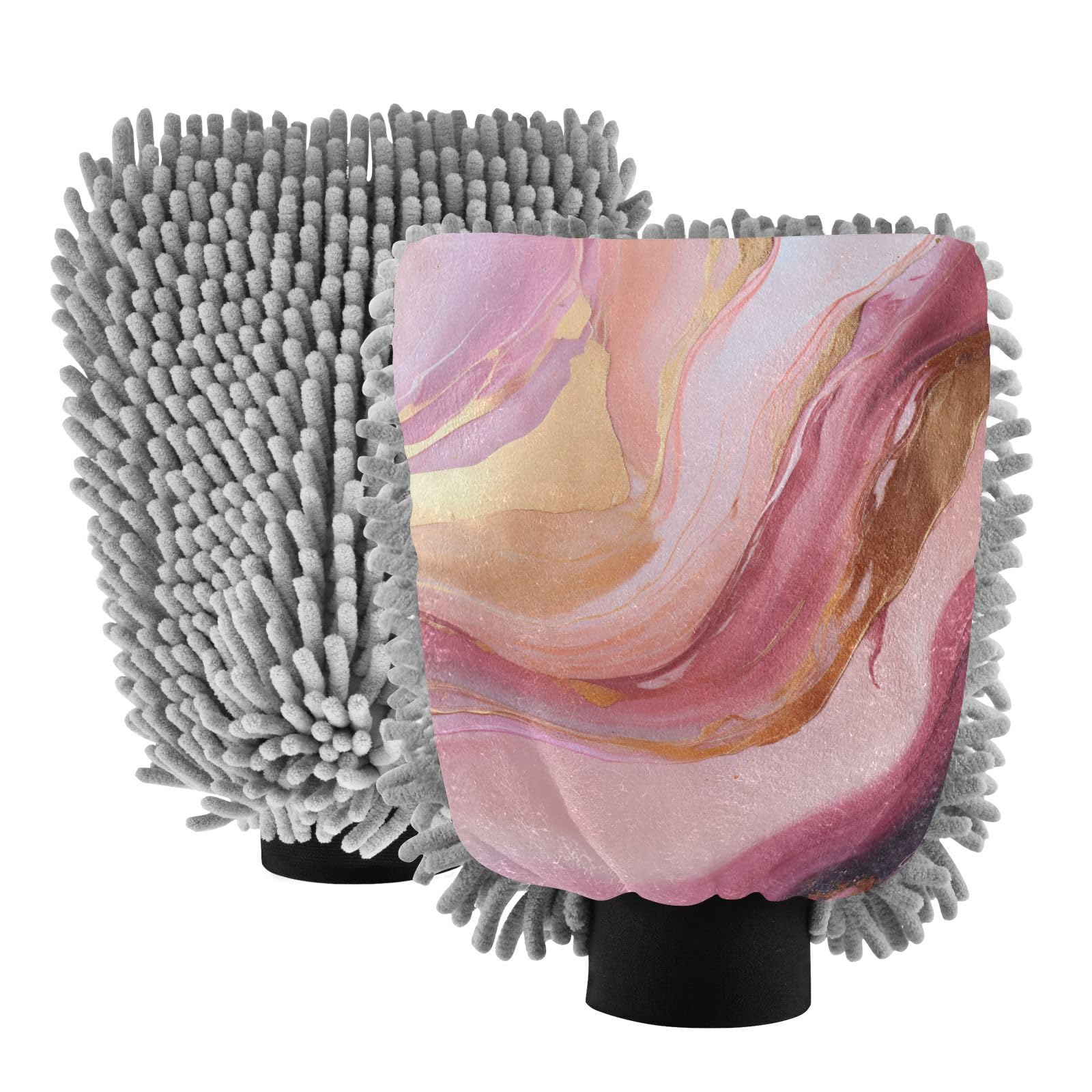 IOACIY Absorbent Microfiber Car Wash Drying Mitts, 2 Pack, Scratch-Free & Lint-Free, Rich Foam, Highly Absorbent, Double Sided, Wash Mitt Perfect for Car Washing, L, Marble Pink