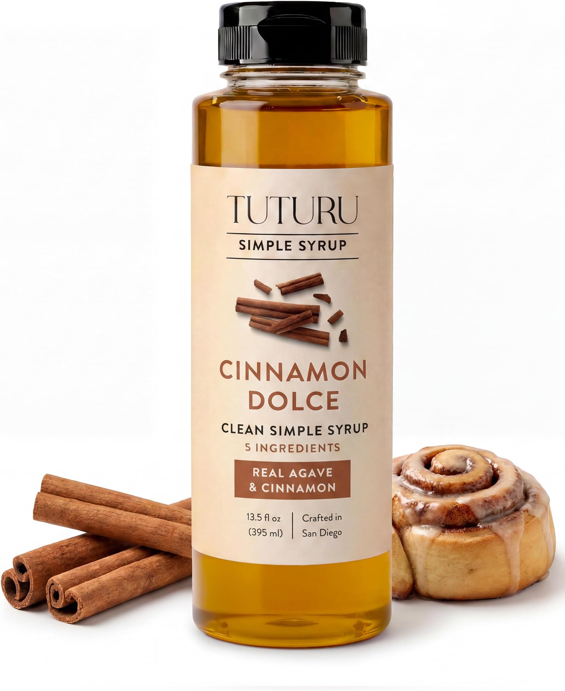 Cinnamon Dolce Simple Syrup for Coffee, Cocktails, Tea, Matcha - Sweetened with Agave Nectar - Clean Simple Syrup with Real Cinnamon, Molasses and Vanilla - 13.5 oz