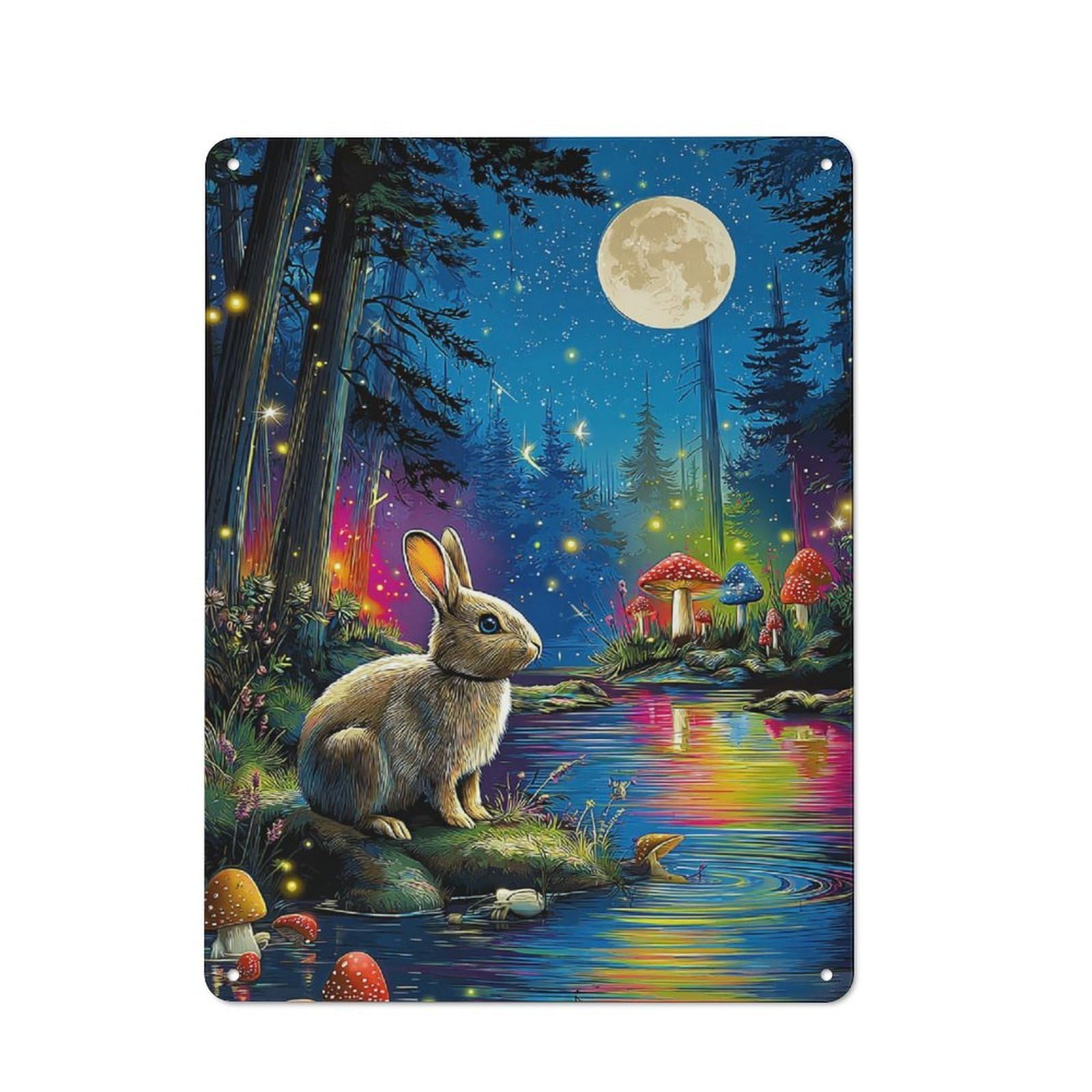 Metal Wall Plaque with Mystical Forest Moonlit Scene Design 40x30cm, Retro Small Space Decor for Flat, Dorm Room, Lounge Or Cafe