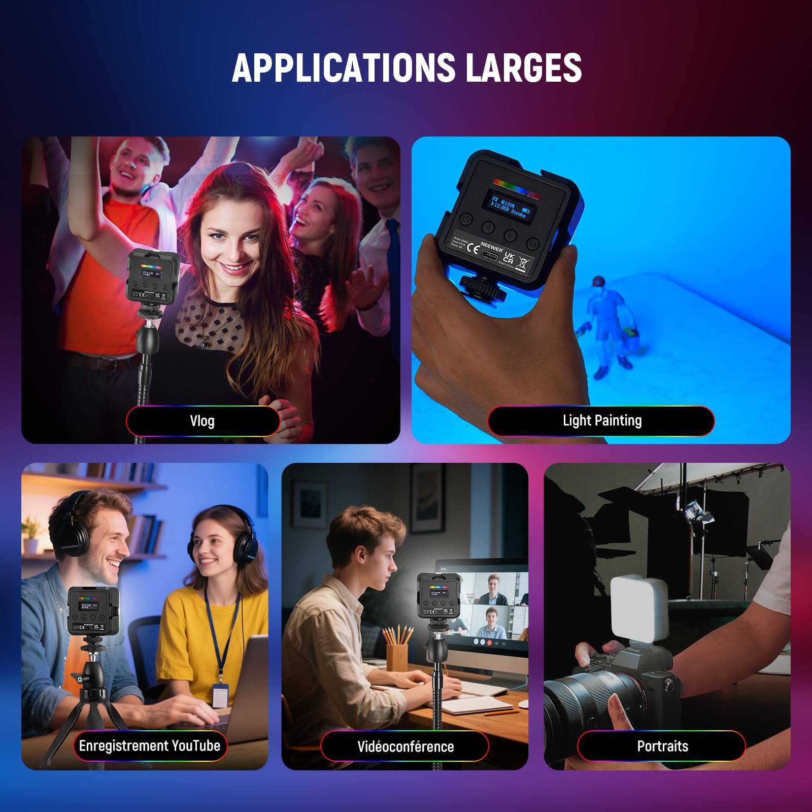 NEEWER Lampe Magnétique RGB pour Appareil Photo,360° Couleur RGB61 CRI97+ 2500-8500K 2000mAh Petit Panneau LED Portable pour Enregistrement Vidéo Streaming,3 Sabot Froid,20 Scènes,Chiffon de Nettoyage