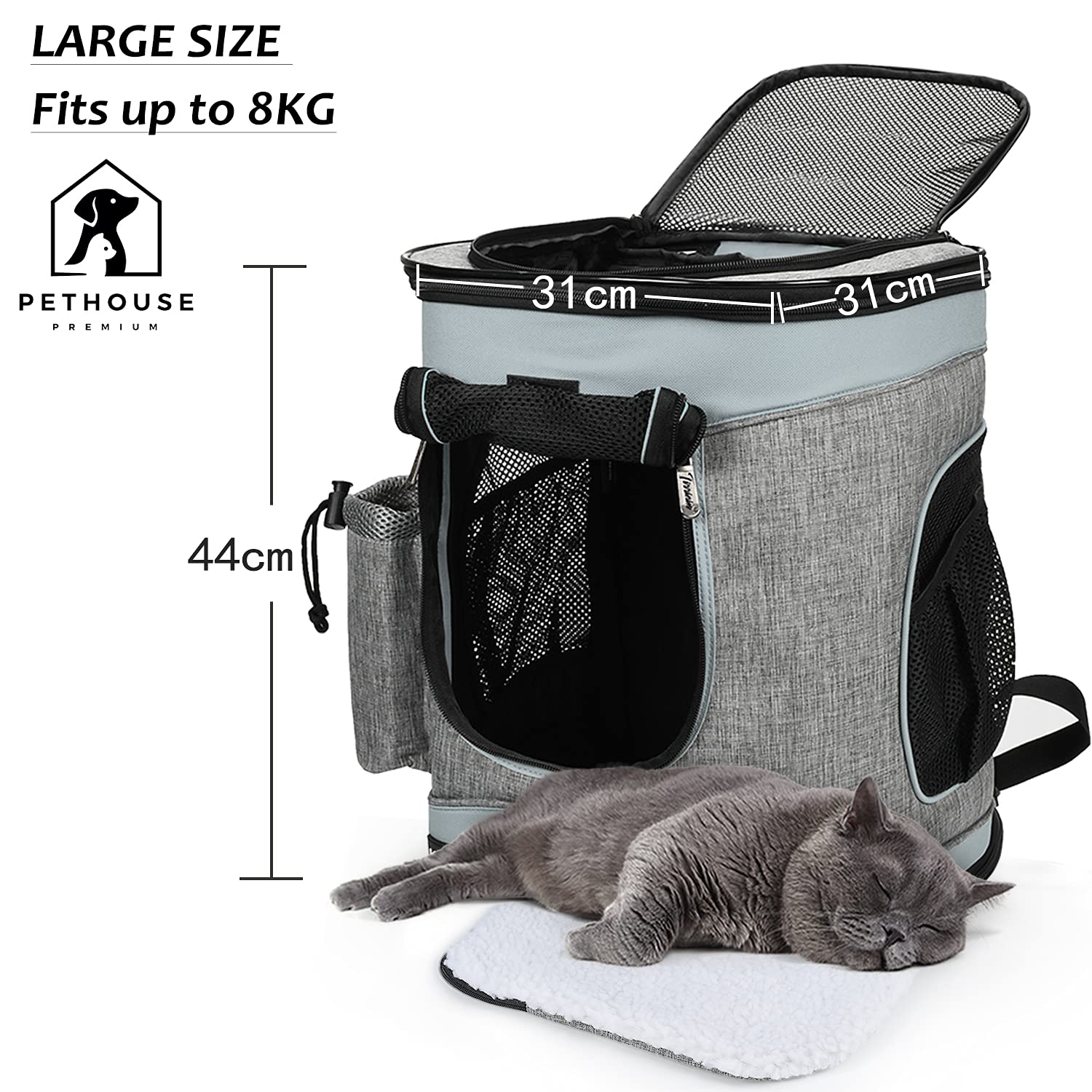 Katzenrucksack Hunderucksack bis 6.8KG, Faltbare Haustier Tragetasche mit Innerer Sicherheitsleine und Matte für Katzen und Hunde, Grau