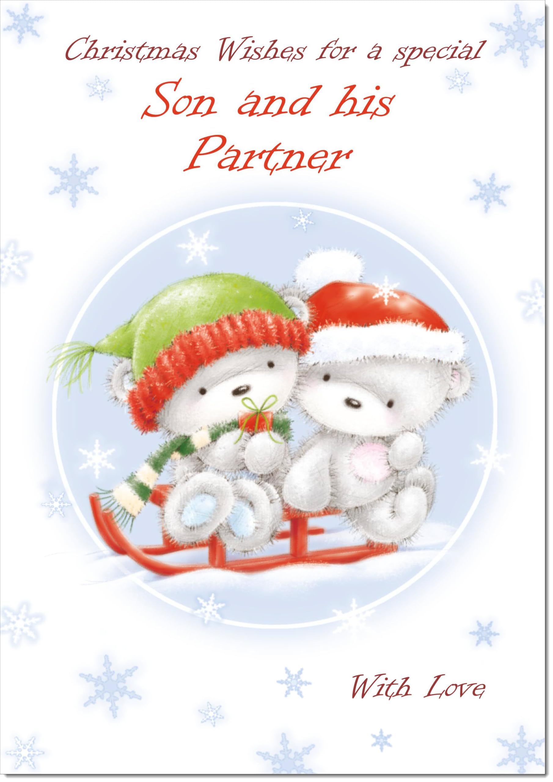 doodlecards Son and Partner Christmas Card Cute Bears on Sled Large A4 Size Christmas Card for Son & Partner with Plain Envelope