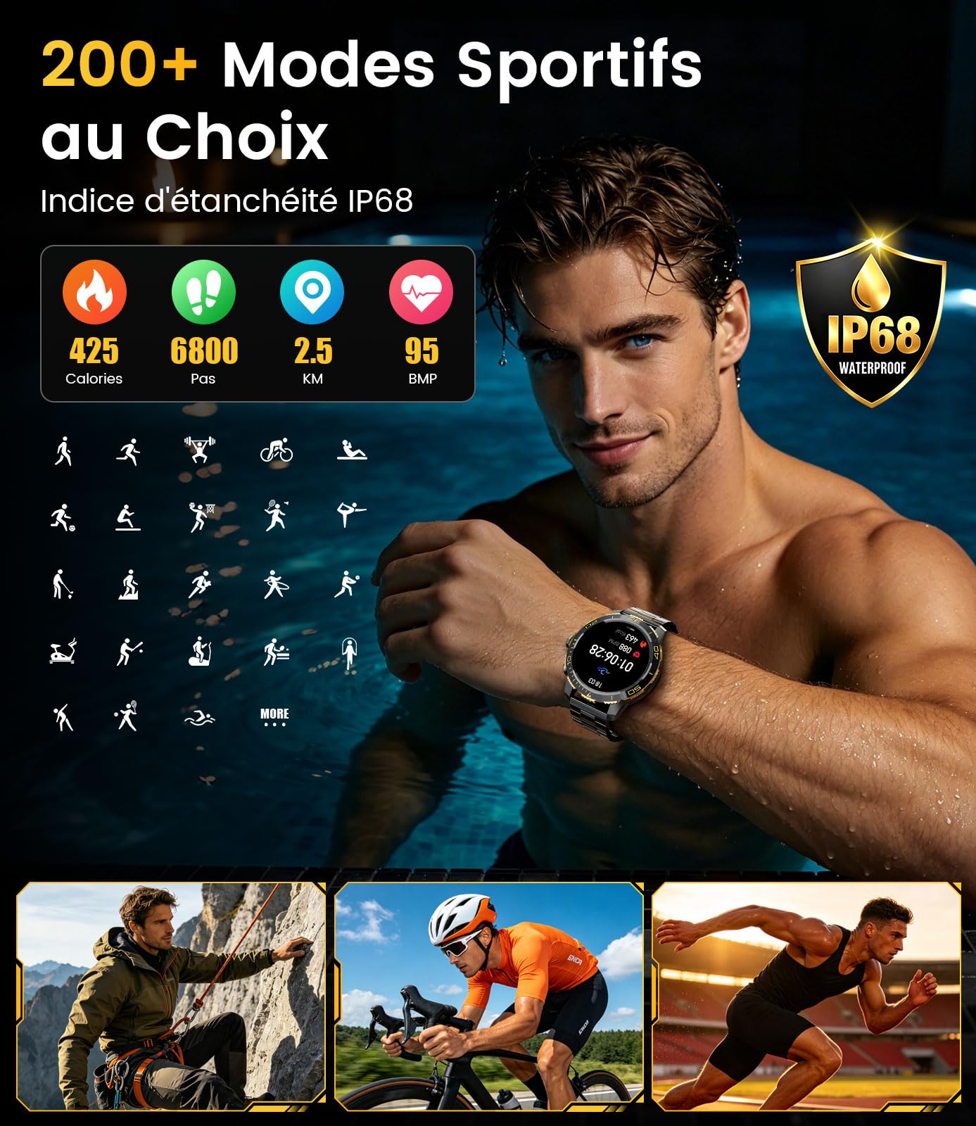DREMAC Montre Connectée Homme 800 mAh Batterie, 1.43'' Amoled Montre Intelligent avec Fréquence Cardiaque/Suivi de Sommeil, IP68 Smartwatch avec 200 Modes Sportifs pour iOS/Android, 2 Bracelets