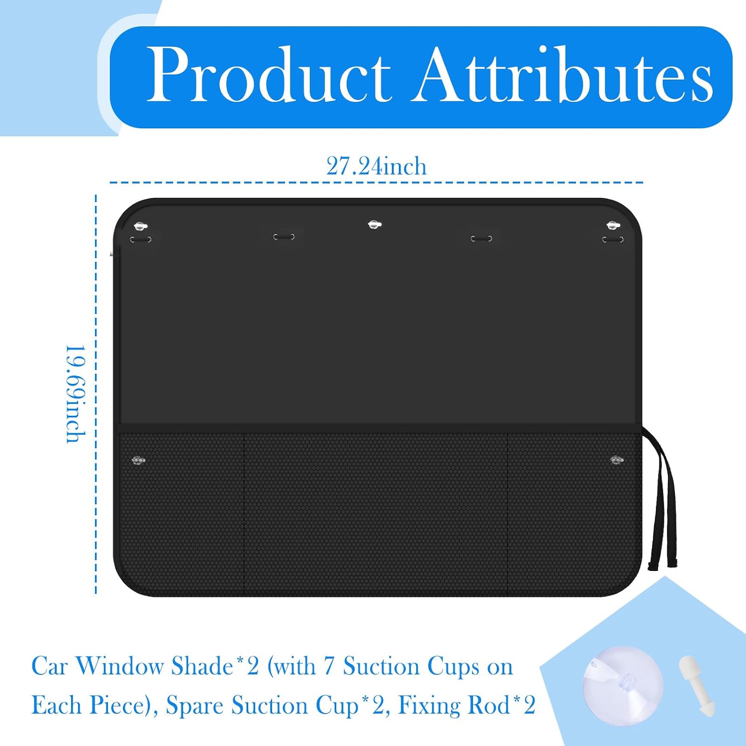 2PCS Rear Car Window Shades for Side Window,27.24x19.69 Car Sun Shade Side Windows for Shading & Storing with 7 Suction Cups on Each Piece & Pouch,Portable Cars Windows Shade for Baby