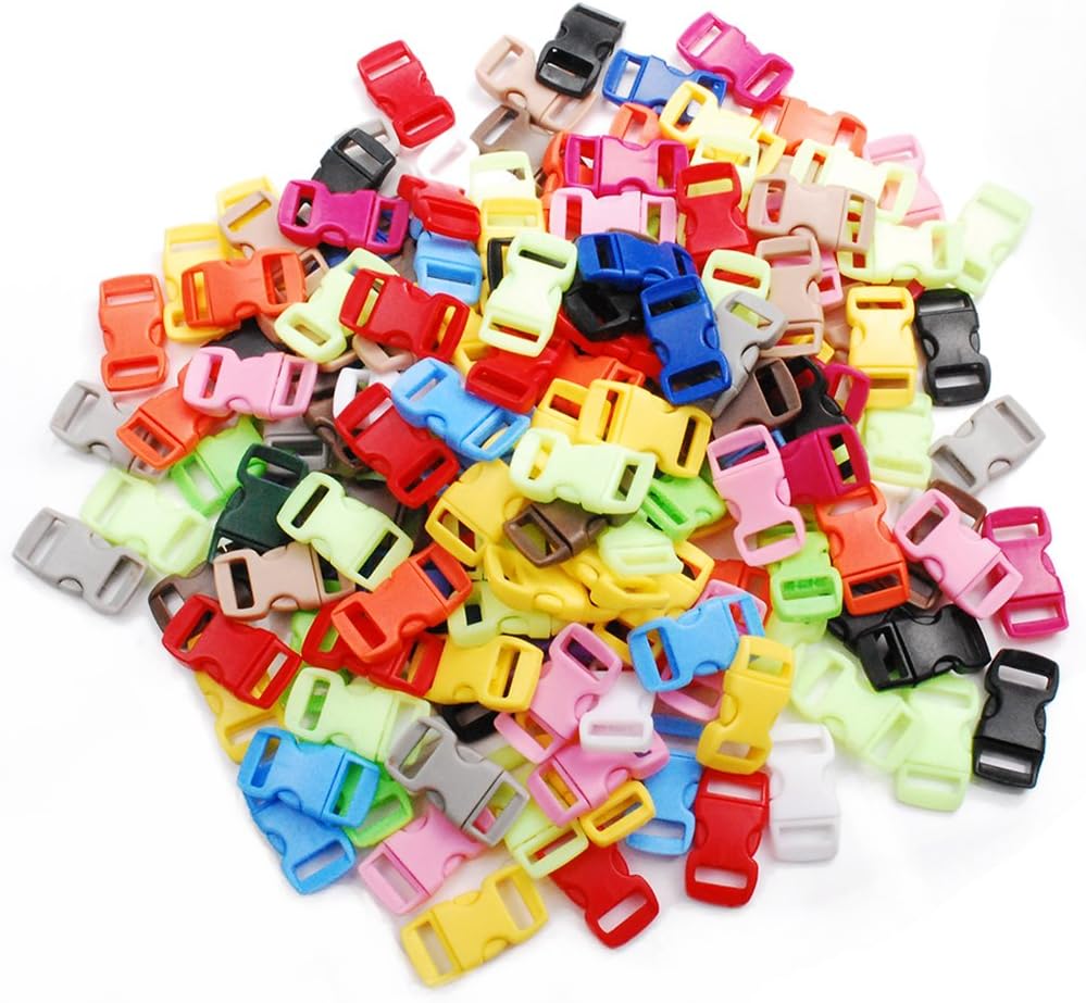 CooBigo 100 Pack Assorted Clear Colorful 3/8" Curve Contoured Side Release Buckle for Parachute Paracord Bracelet Pets Collar