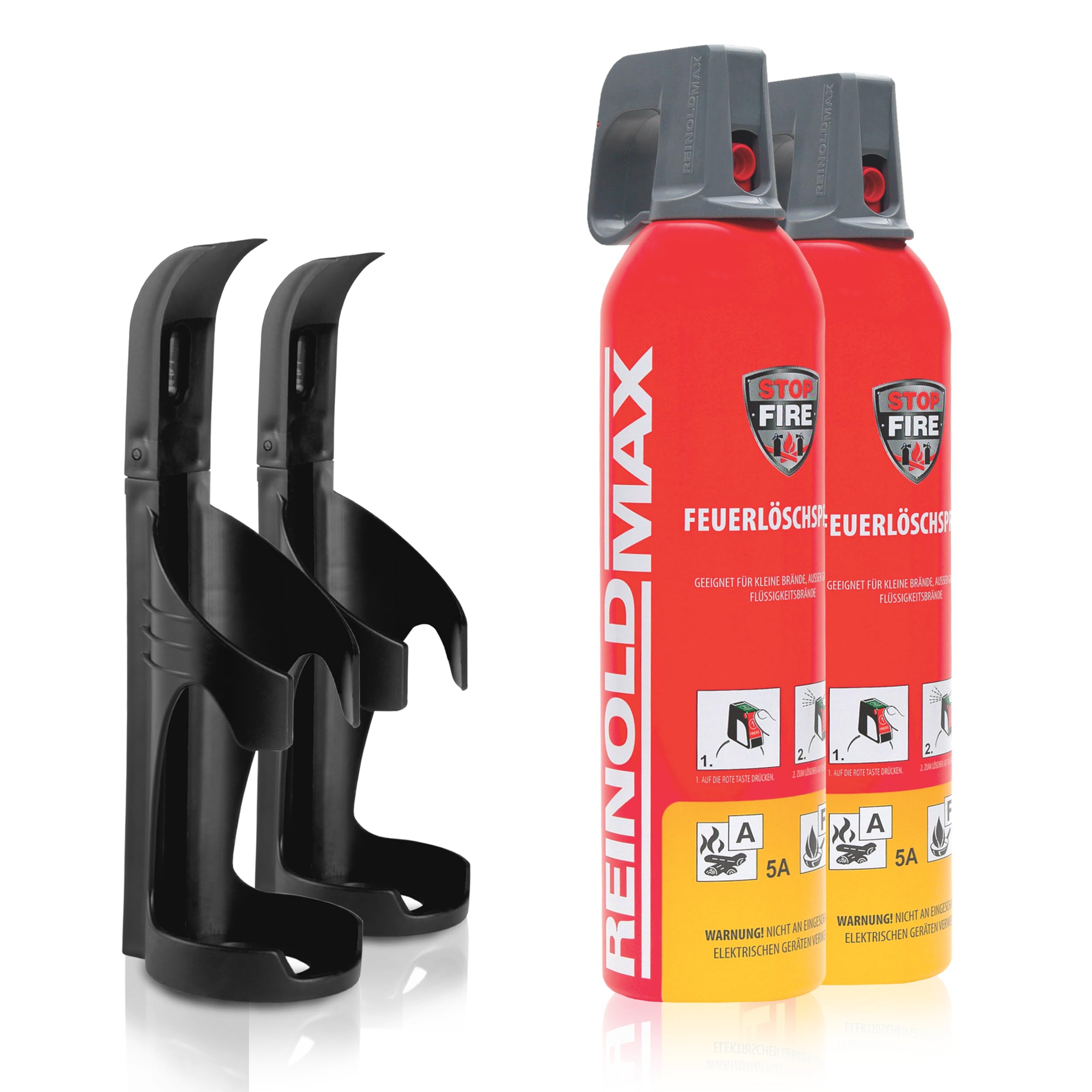 Xenotec Spray antincendio premium – 2 x 750 ml – 2 supporti da parete – Stopfire – estintore auto – Reinoldmax – incluso supporto da parete nero – riutilizzabile