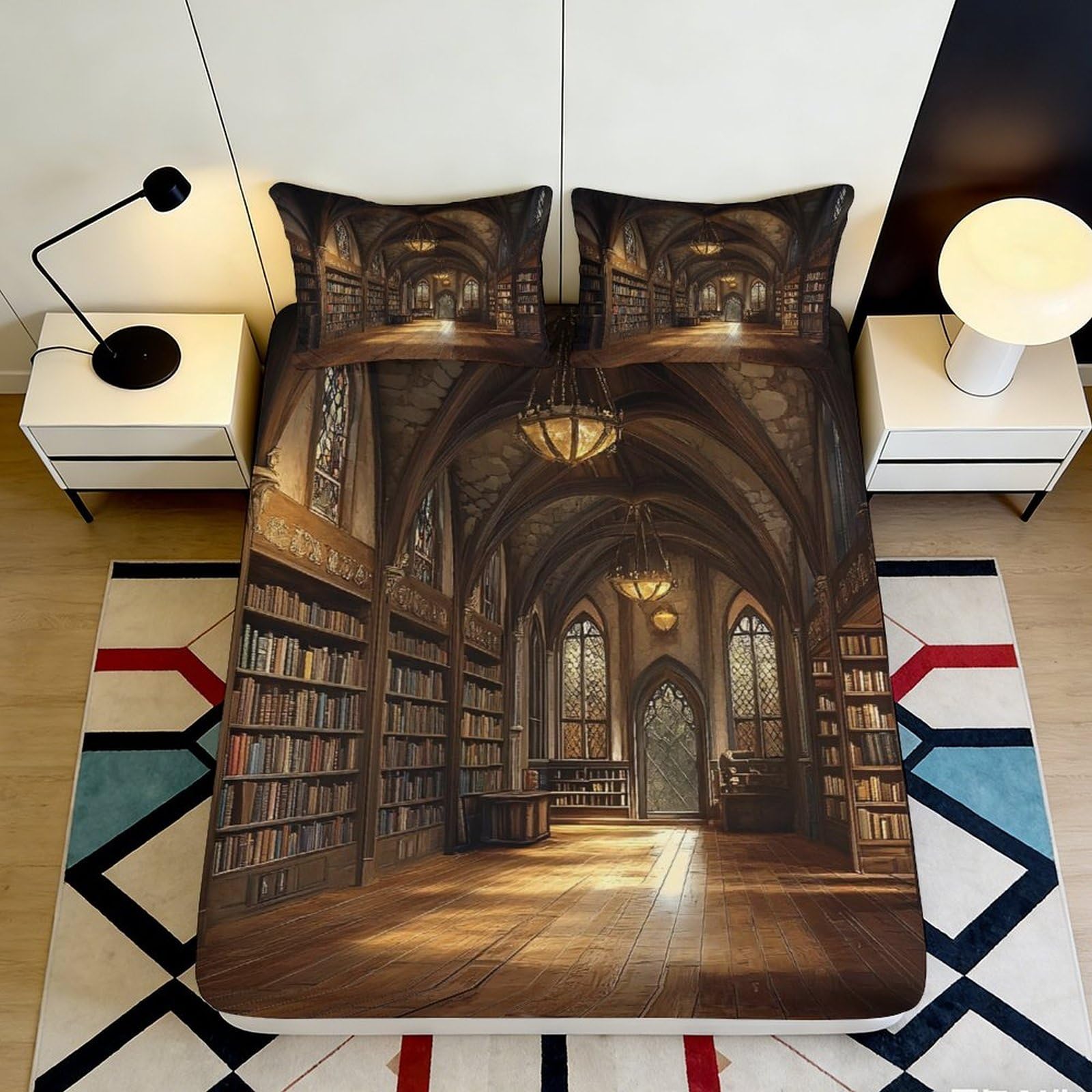 3D Printed Vintage Library Fitted Sheet Microfiber Anti-Slip Medieval Bookshelf Mattress Cover for Bedroom Guest Room Decor 140x200x25cm