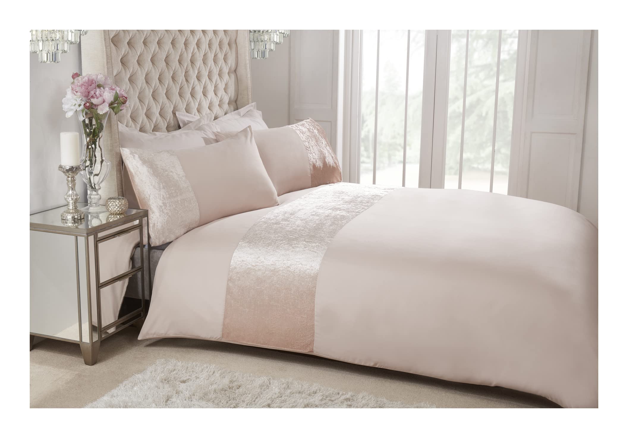 SleepdownVelvet Cuff Champagne Panel Band Luxury Soft Cosy Duvet Cover Quilt Bedding Set with Pillowcase - Single (135cm x 200cm)