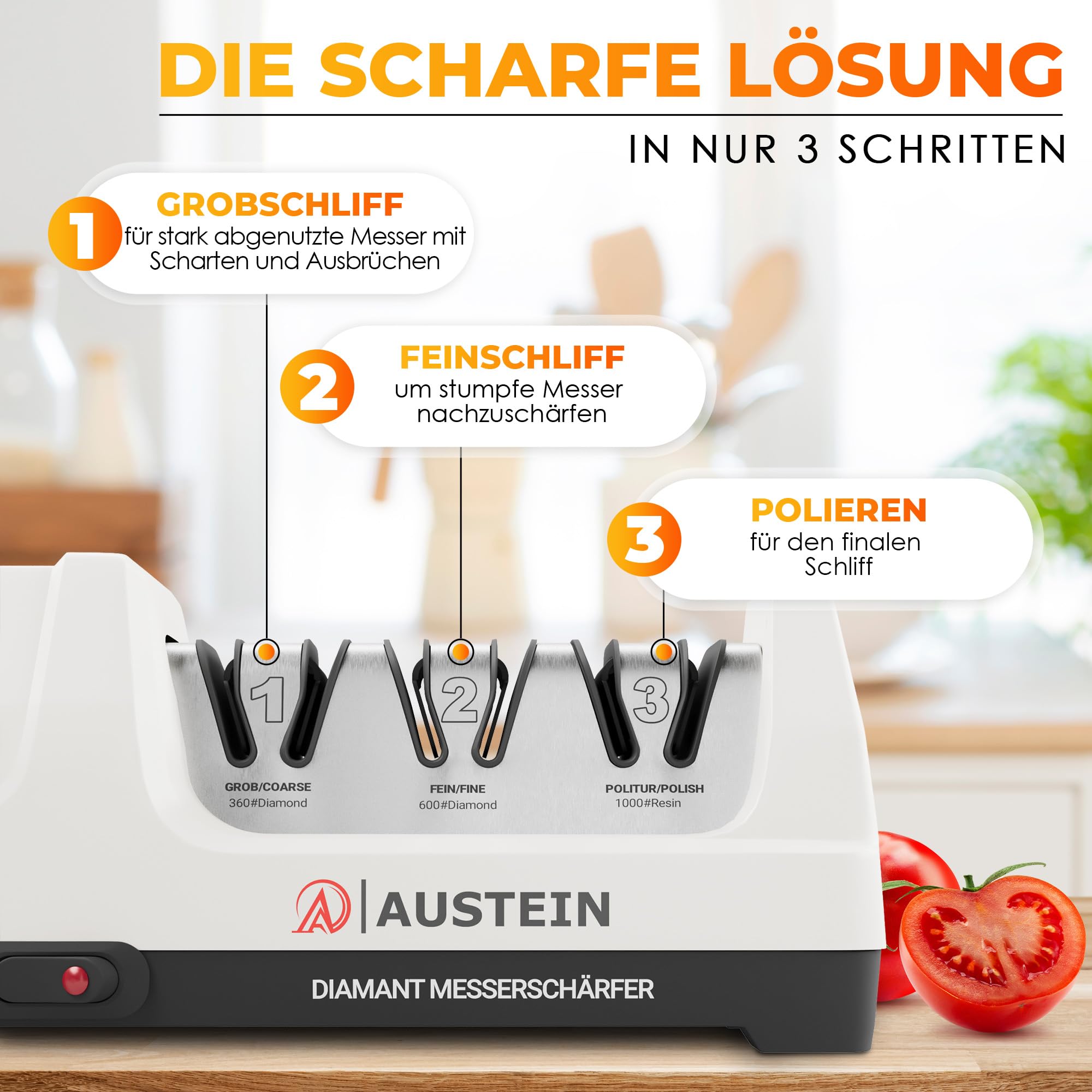 AUSTEIN Diamant Messerschärfer elektrisch TG2202 3 Phasen Messerschleifer 20 Grad magnetischer Spänekollektor