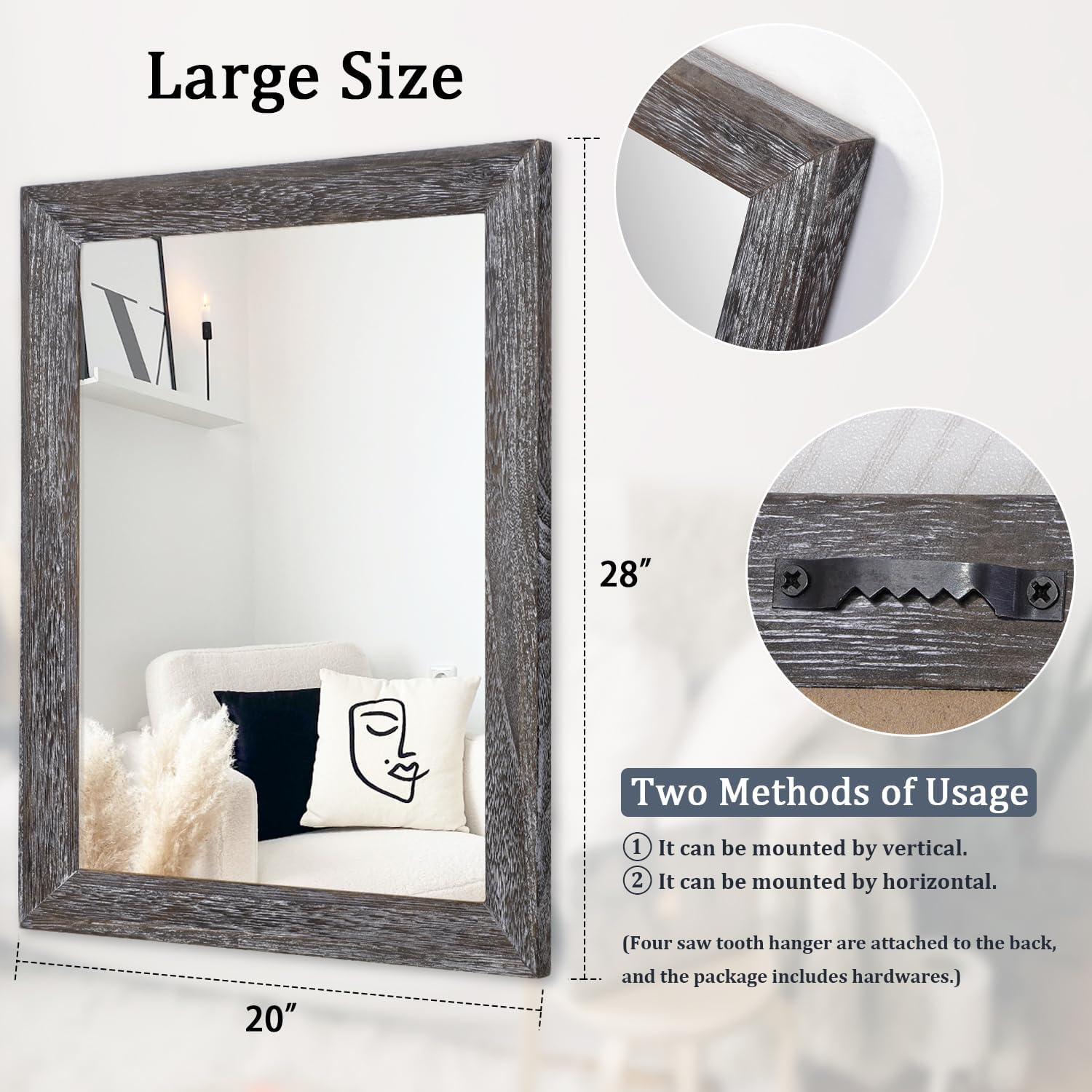 aazzkang wall mirror with rectangle wood frame large 28"x20" rustic decorative hanging mirrors for bedroom bathroom living room home office 28"l x 20"w dark gray