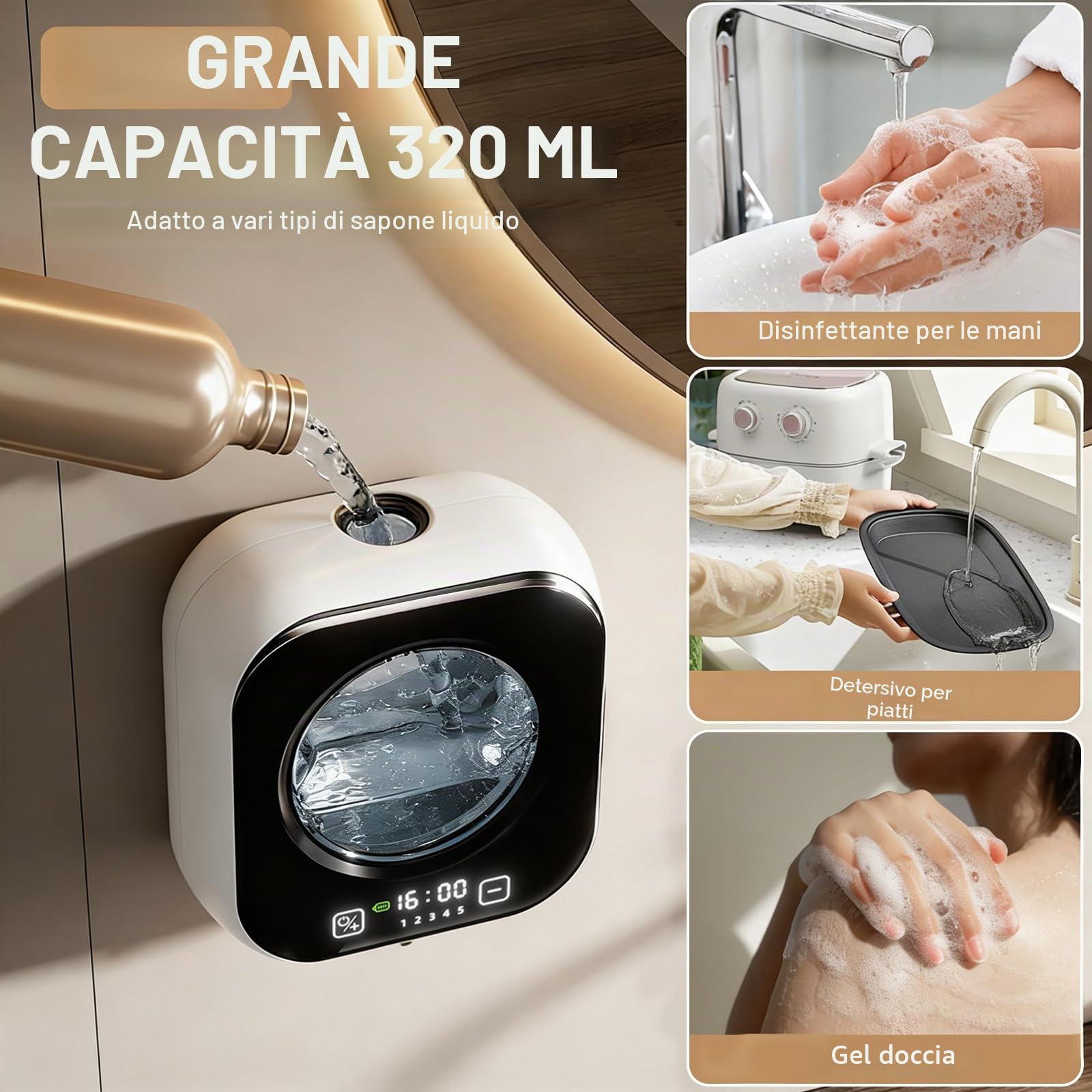 Dispenser Sapone Bagno a Muro, 320 ML Dispenser Sapone Automatico Schiuma Con Sensore Infrarossi, Ricarica USB Regolabile Livello 5, per Bagno, Cucina e Ufficio bianco (Bianco)