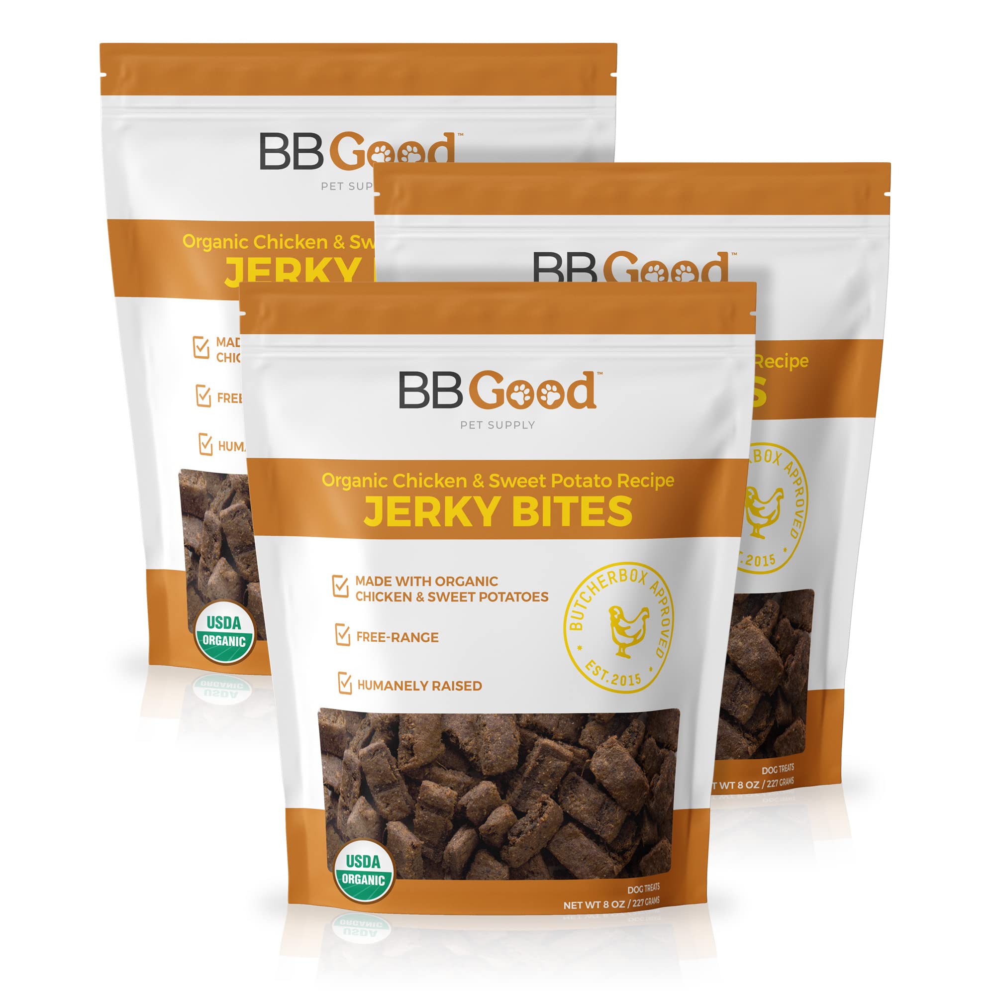 Photo 1 of EXP DATE" 01/21/2025
BB GOOD Dog Treats from ButcherBox - Organic Chicken and Sweet Potato Jerky Bites for Small and Large Dogs, Grain Free, Made and Sourced in The USA, 8 oz Bag (3 Count) 2.67 Ounce (Pack of 3)