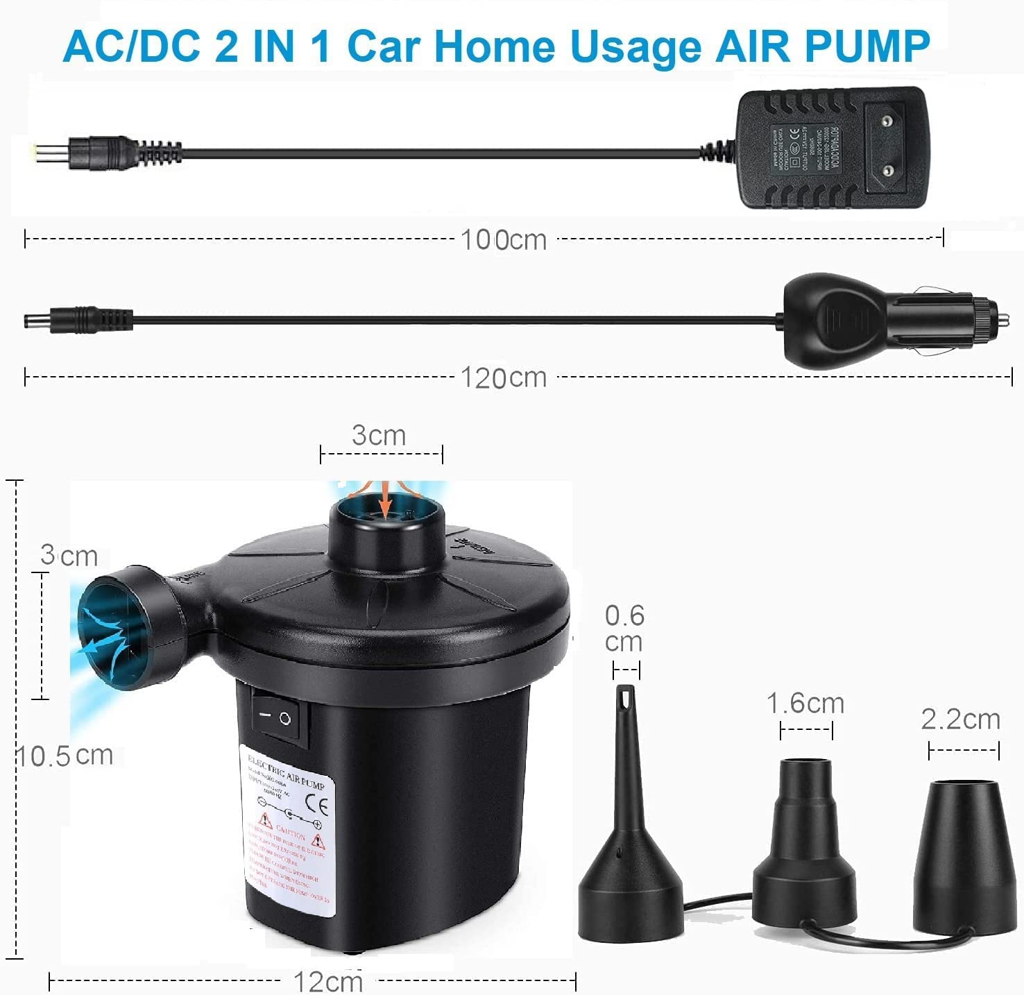 Pompe à Air électrique 2-en-1 – Gonflage/dégonflage, 550 L/min, 3 Buses, Pour Maison Et Voiture