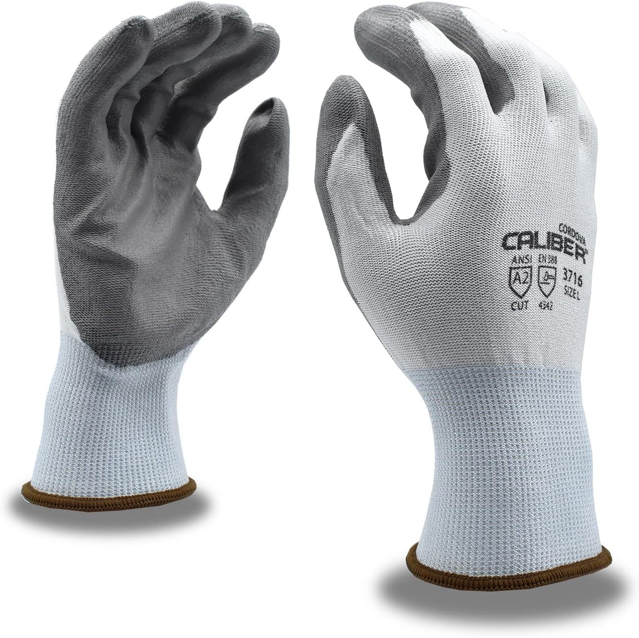 Cordova 3716 Caliber 13-Gauge HPPE Shell Gloves, Gray Polyurethane Palm Coating, ANSI Cut Level A2