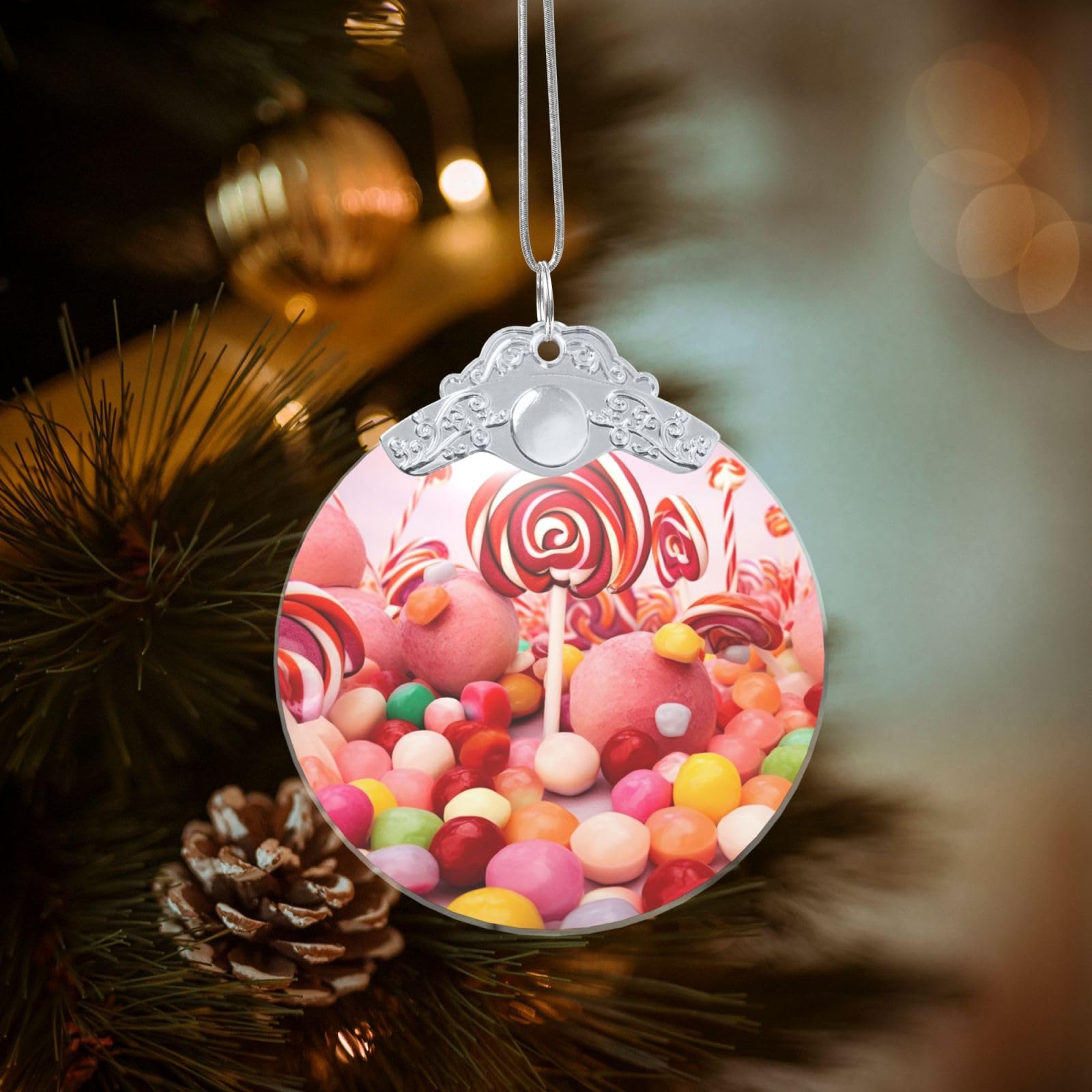 Crystal Christmas Ornaments for Christmas Tree Decoration Hanging Sweet Candy Ornament with Gold Ribbon Crafts Round Pendant for Keepsake Gifts Glass Xmas Decor Party Supplies