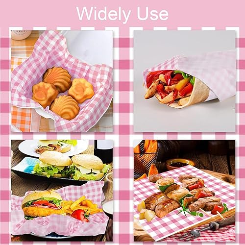 Miniatura 5 de 100 hojas de papel de delicatessen a cuadros rosas de 11 x 11 pulgadas, hojas de papel encerado precortadas desechables a prueba de grasa, bandejas