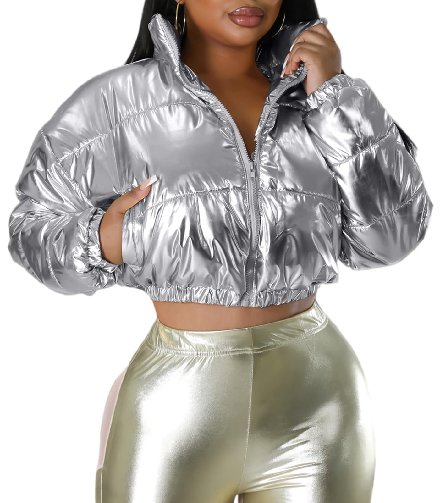 Angsuttc Puffer Jacket Womens Cropped Metallic Shiny Quilted