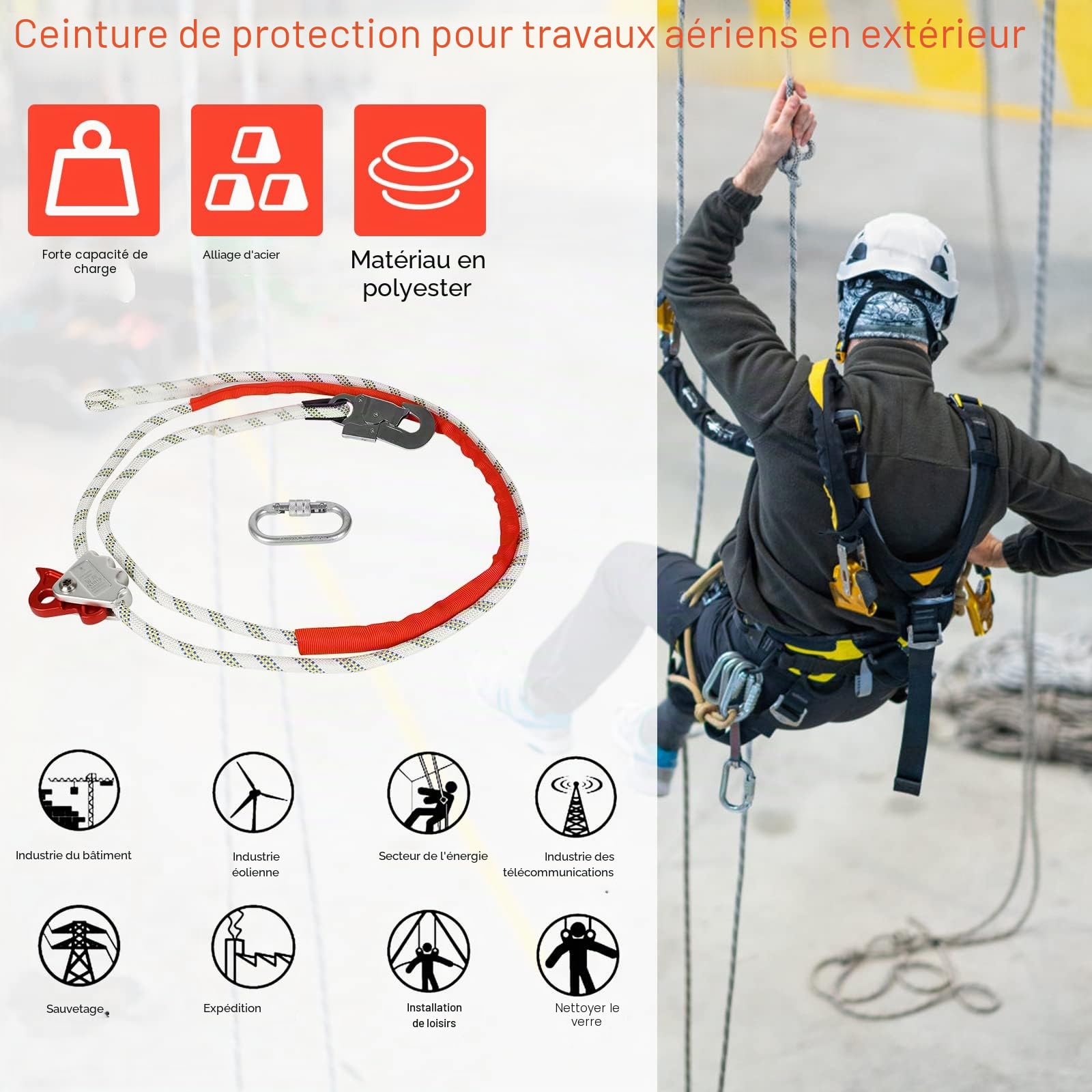 MENAYODA Câble de positionnement réglable, câble de maintien avec réducteur de câble PROT-3, sécurité anti-chute pour la connexion entre votre harnais et le point d'ancrage