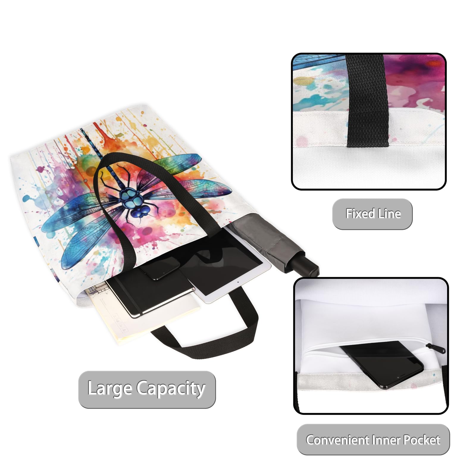 Mularoka Beautiful Watercolour Dragonflies Large Capacity Canvas Tote Bag Stylish Handheld Shoulder Bag Reusable Shopping Bag for Work Travel Beach Trips Shopping