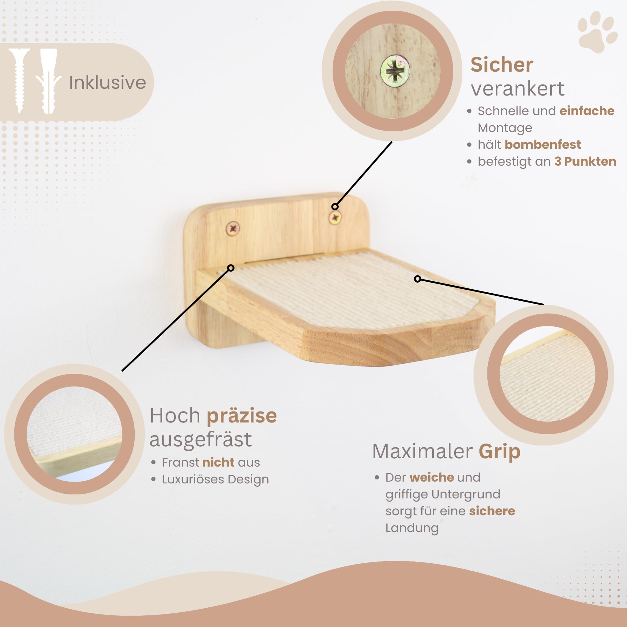 AZANO® Katzentreppe 3er Set | Kletterwand Katzen | Katzenleiter Wand [Modernes Design aus Holz] | Katzentreppe Wand | Katzenleiter | Katzenmöbel zum Klettern | Größe M (Weiß)