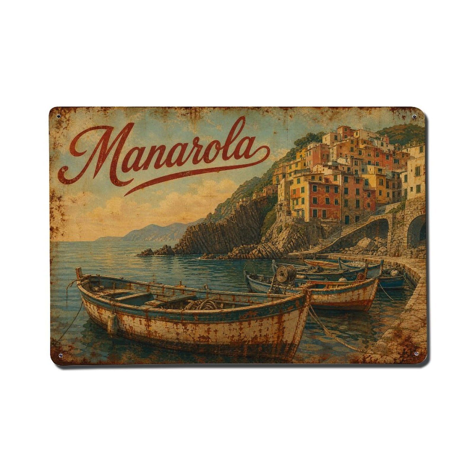 Vintage Travel Manarola Fishing Boats Resting Harbor Italy Metal Tin Sign