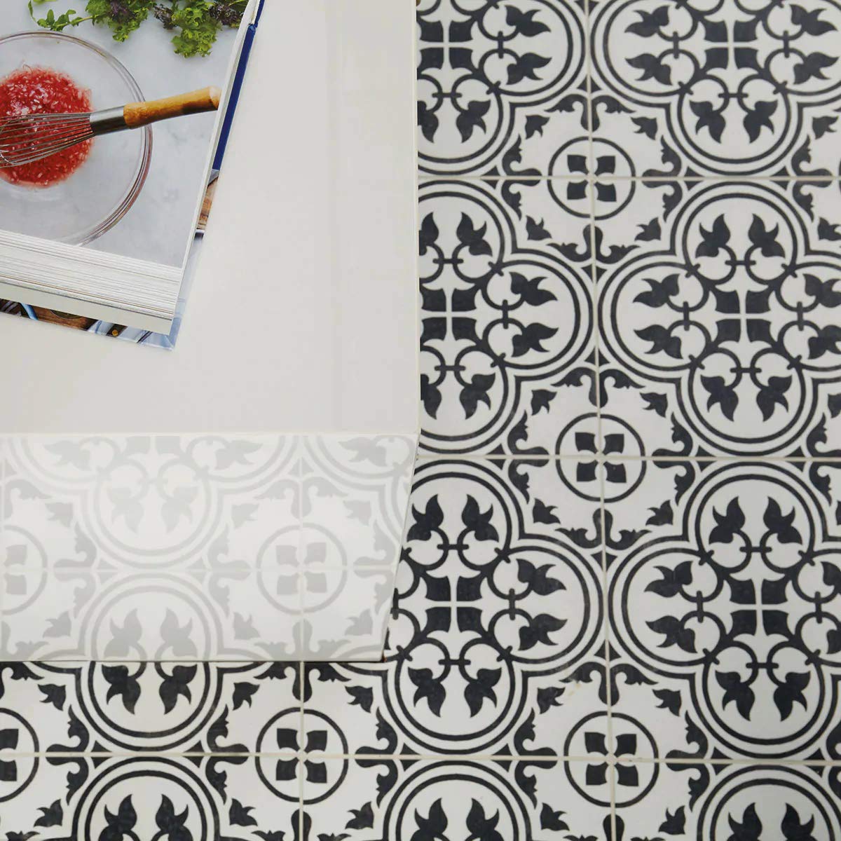 12x12 Flora Black White Encaustic Ceramic Tile (one Piece)