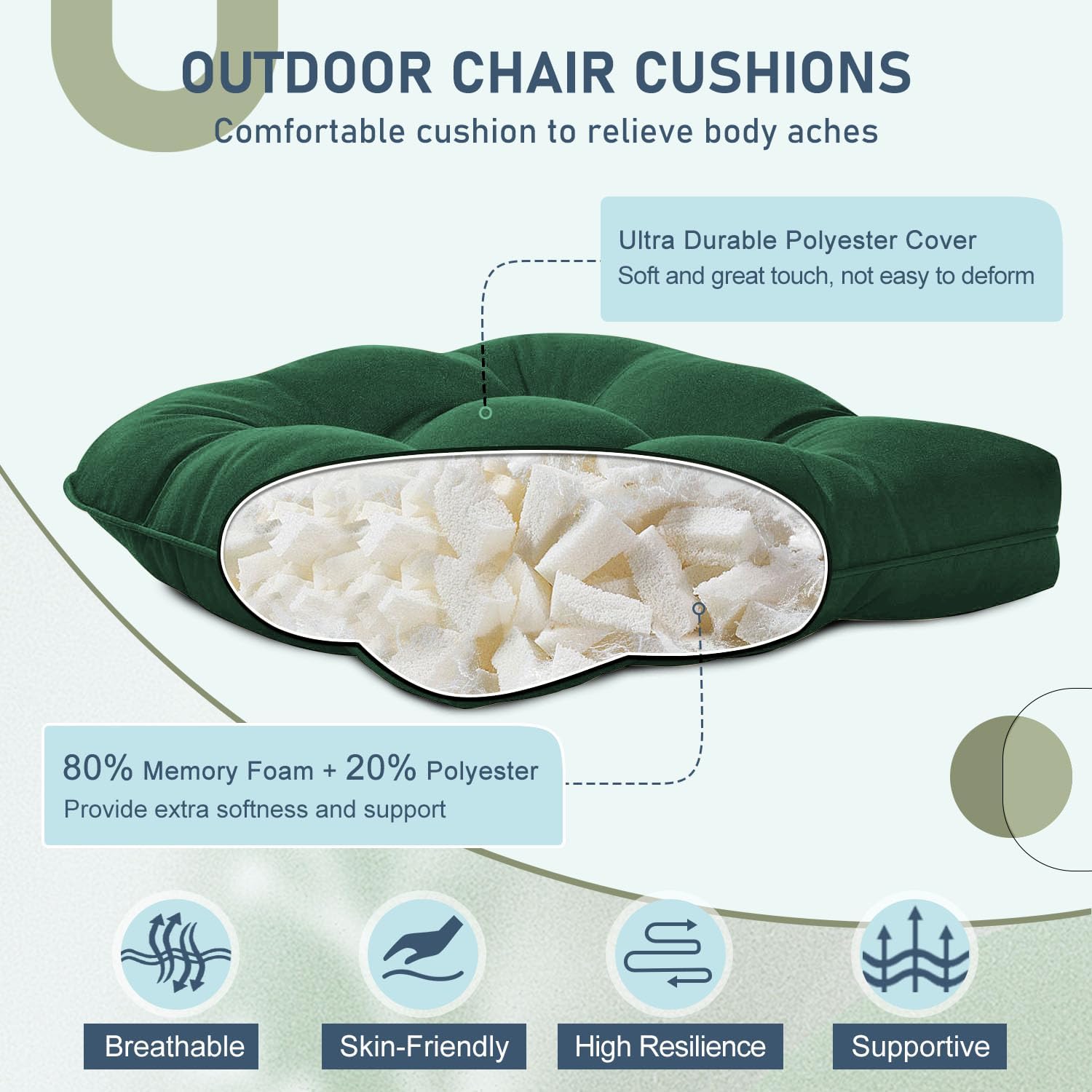 downluxe outdoor chair cushions set of 4 for patio furniture, water resistant tufted overstuffed patio furniture cushions, thick outdoor seat cushion, 19" x 19" x 5", forest green forest green 4 count (pack of 1)