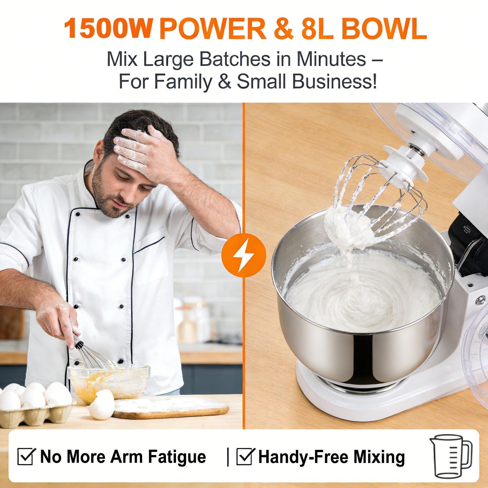 Robot Patissier 8L Grand Bol Mixeur Cuisine Electrique Avec 6 Vitesses, Mixeur A Pate Pour Pain Gateau, Mixeur Avec Accessoires, Stand Mixer Pour Maison