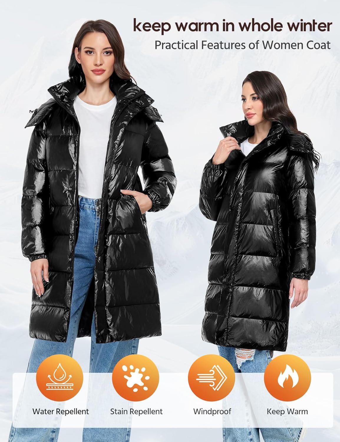 Yusongirl Womens Long Puffer Jacket Winter Shiny Padded Coat Warm Waterproof Down Parka Jacket with Detachable Hood 2025 - Image 2