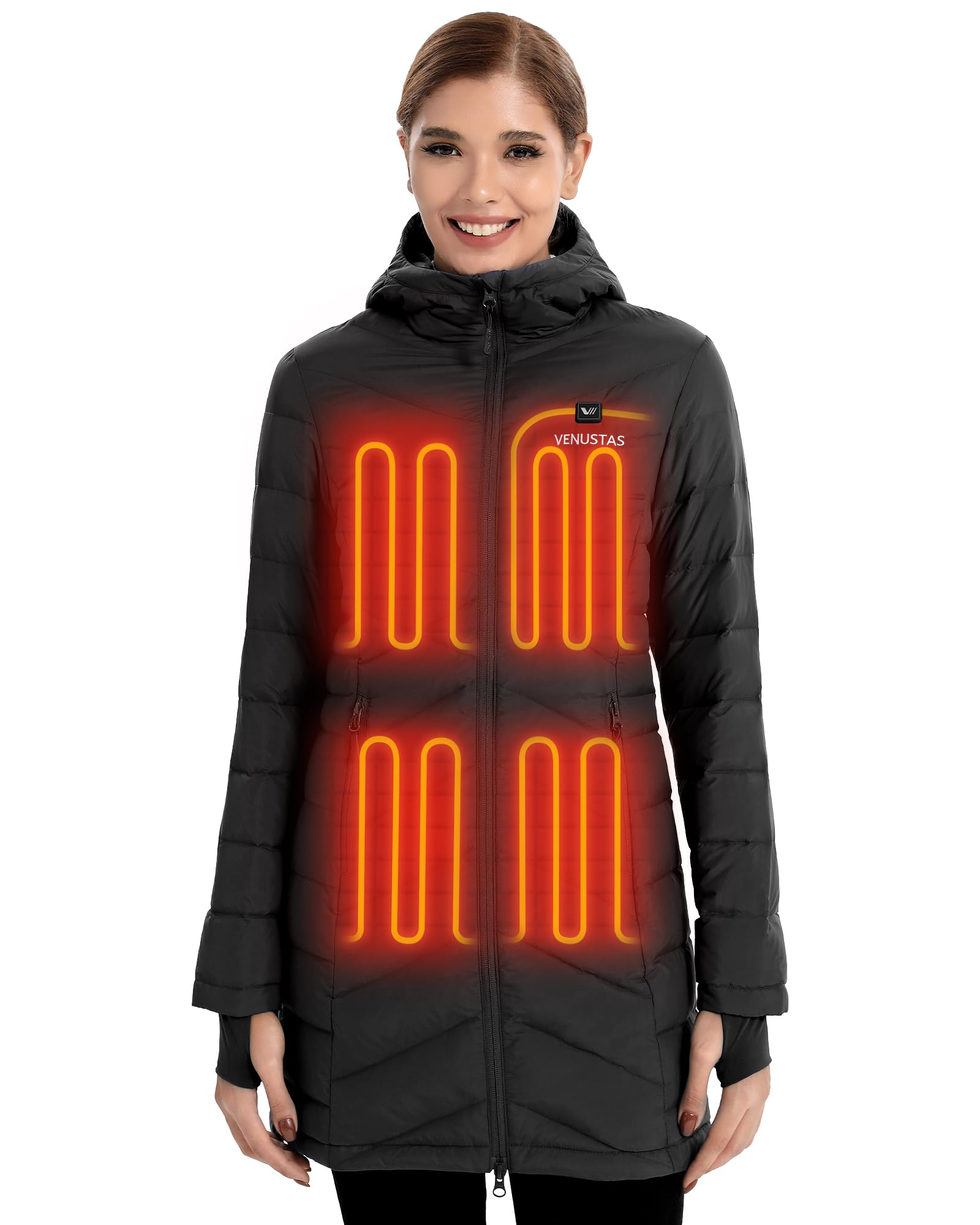 Venustas Women's Long Heated Down Jacket with Battery, Electric Puffer Jacket with 90% Duck Down For Outdoor Camping Skiing