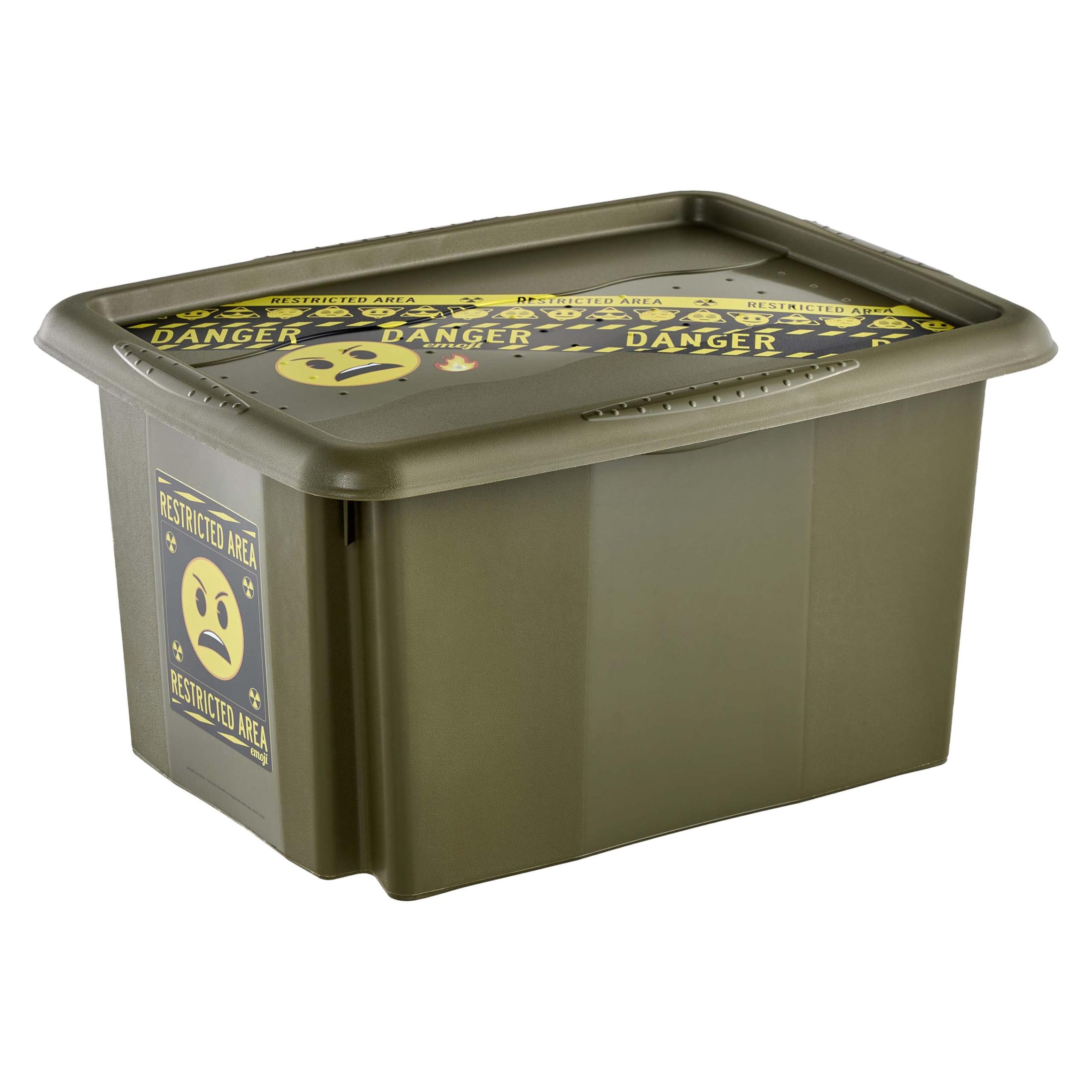 keeeper karolina storage box with lid, 15 l, nestable and stackable, Emoji Danger design, for children, olive green (Olive)