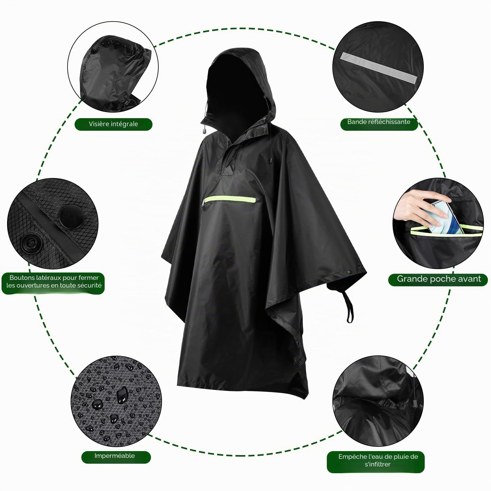 AiQInu Poncho Pluie Imperméable avec Manches Ventilées, Poche à Capuche, Bandes Réfléchissantes, Légère et Réutilisable, Pour le Camping, la Randonnée, l'Extérieur et l'Utilisation Quotidienne