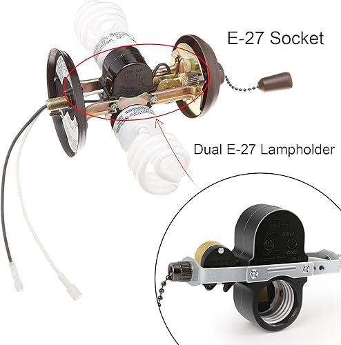 Miniatura 5 de Zing Ear ZE-310D - Interruptor de cadena de zócalo de luz, 660 W Daul E27 Soporte de lámpara con ZE-109M Swith para kit de luz de ventilador de