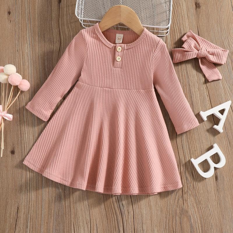 Girls Round Neck Button Casual Comfort Long Sleeve Knitted Dress2