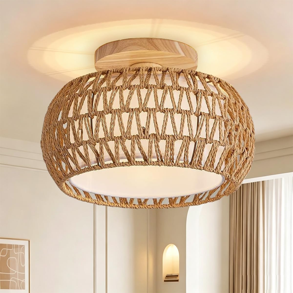 Rattan Ceiling Light Fixtures 11.8" Boho Chandelier for Bedroom Hallway