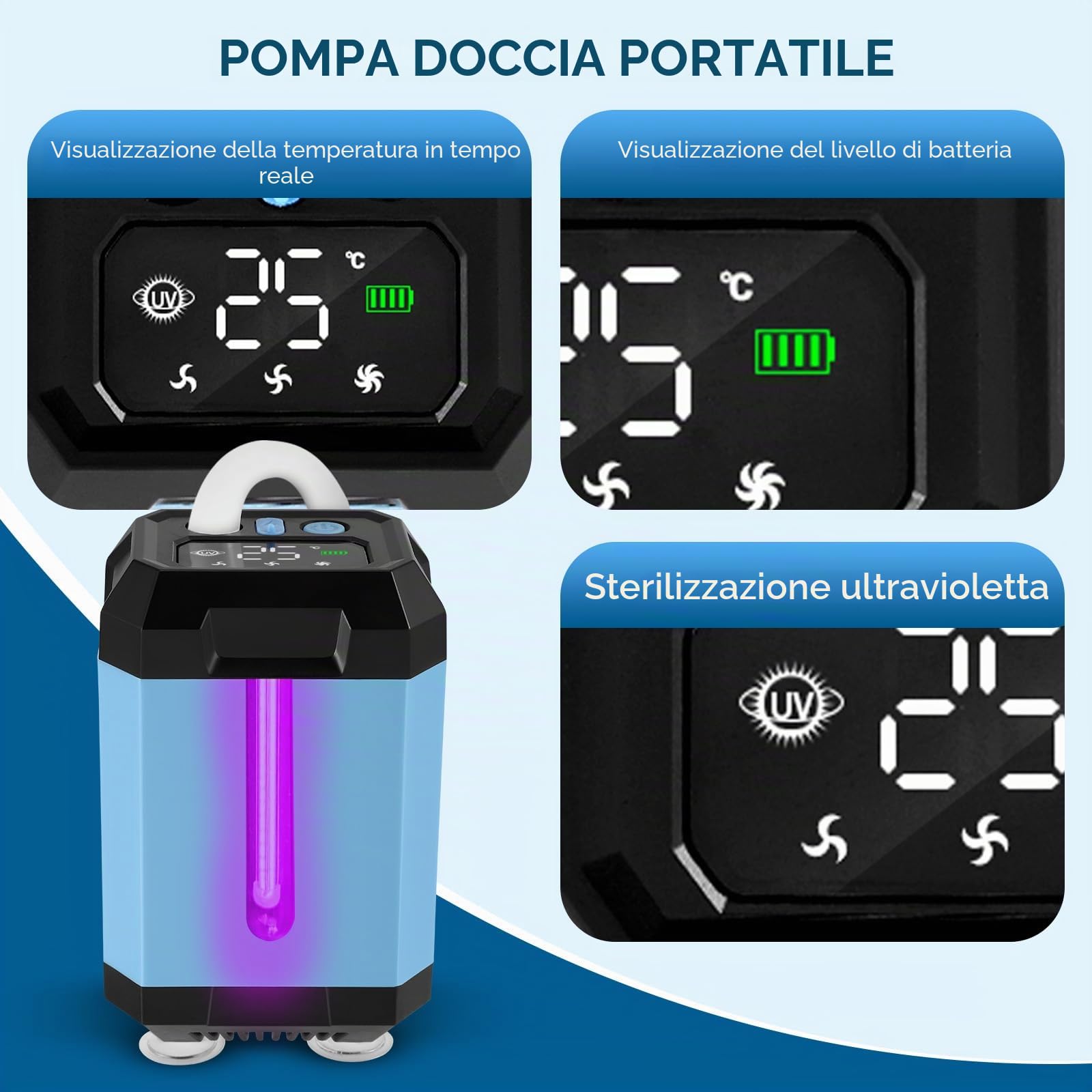 Doccia portatile da campeggio a batteria con pompa, funzione di sterilizzazione U-V, 5400 mAh, ricaricabile, con soffione e tubo da 2 m, indicatore di temperatura e potenza per campeggio, viaggi