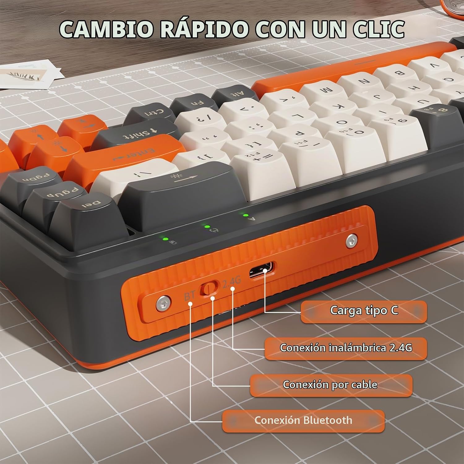 Close-up of the keyboard's side panel showing the USB-C port, 2.4G wireless switch, and Bluetooth switch.