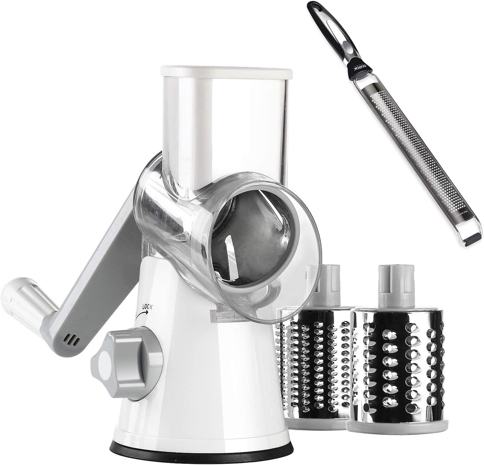 Ourokhome Rotary Grater Cheese Zester - 3 Drum Blades Round Mandolin Slicer and Stainless Steel Chocolate Zester
