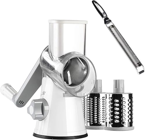 Ourokhome Rallador rotativo para queso, 3 cuchillas de tambor, cortador de mandolina redondo y acero inoxidable para chocolate