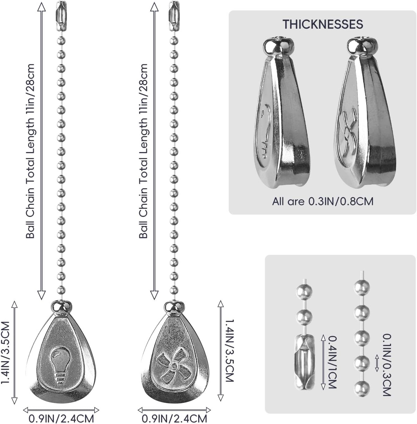 2 Pack Ceiling Fan Pull Chain, Bulb and Fan Pull Chain Extension, 12 Inches Decorative Chain Pulls Ornaments for Ceiling Light Lamp, Beads Ball Pull Chain Extender with Connector, Silver
