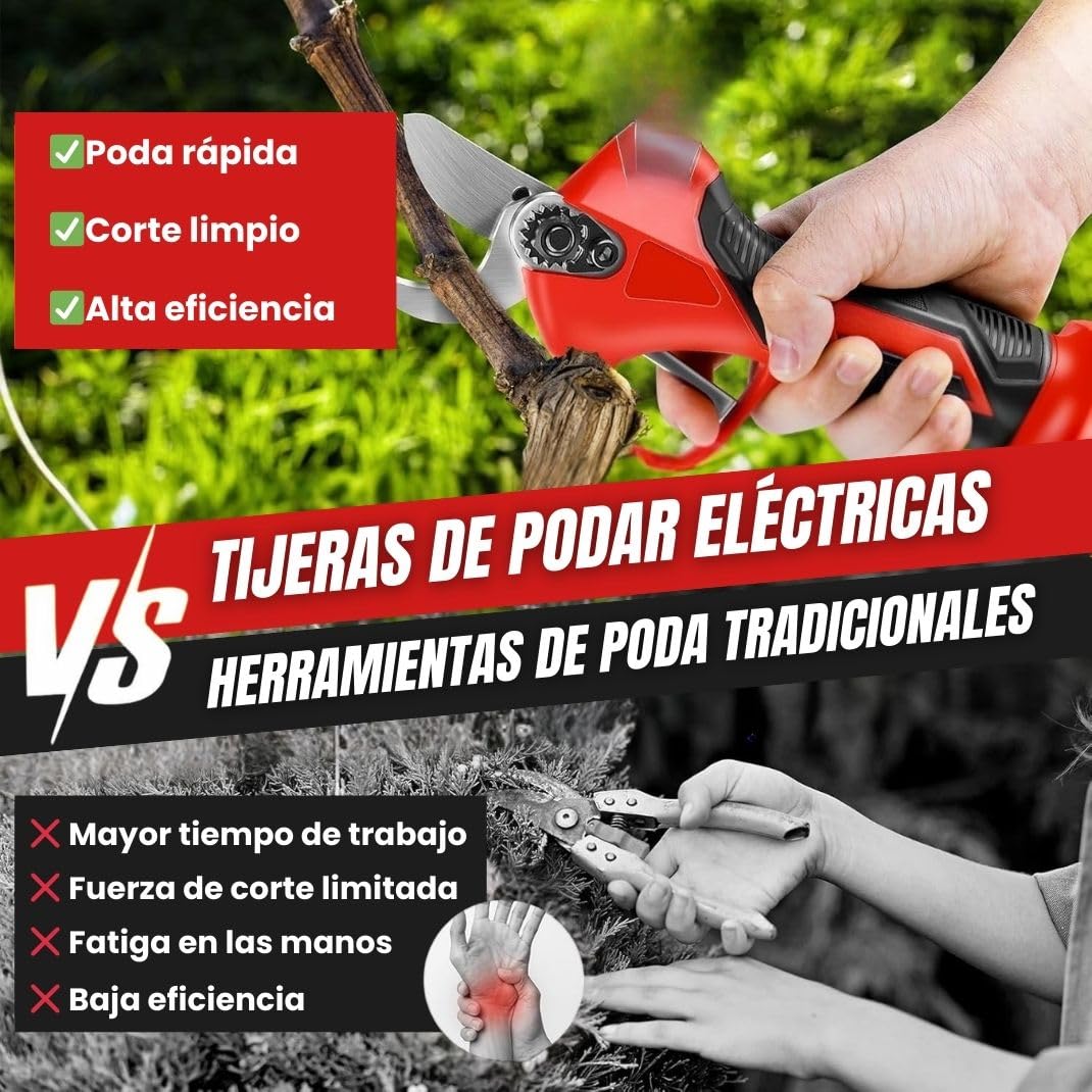 Tijeras de Podar Eléctricas con Maletín, Piedra de Afilar [2 Baterías de 21V] – Podadora Eléctrica de Precisión con Ángulo de Corte de 3mm, Ligera y Potente – Ideal para Viñedos, Árboles y Jardines