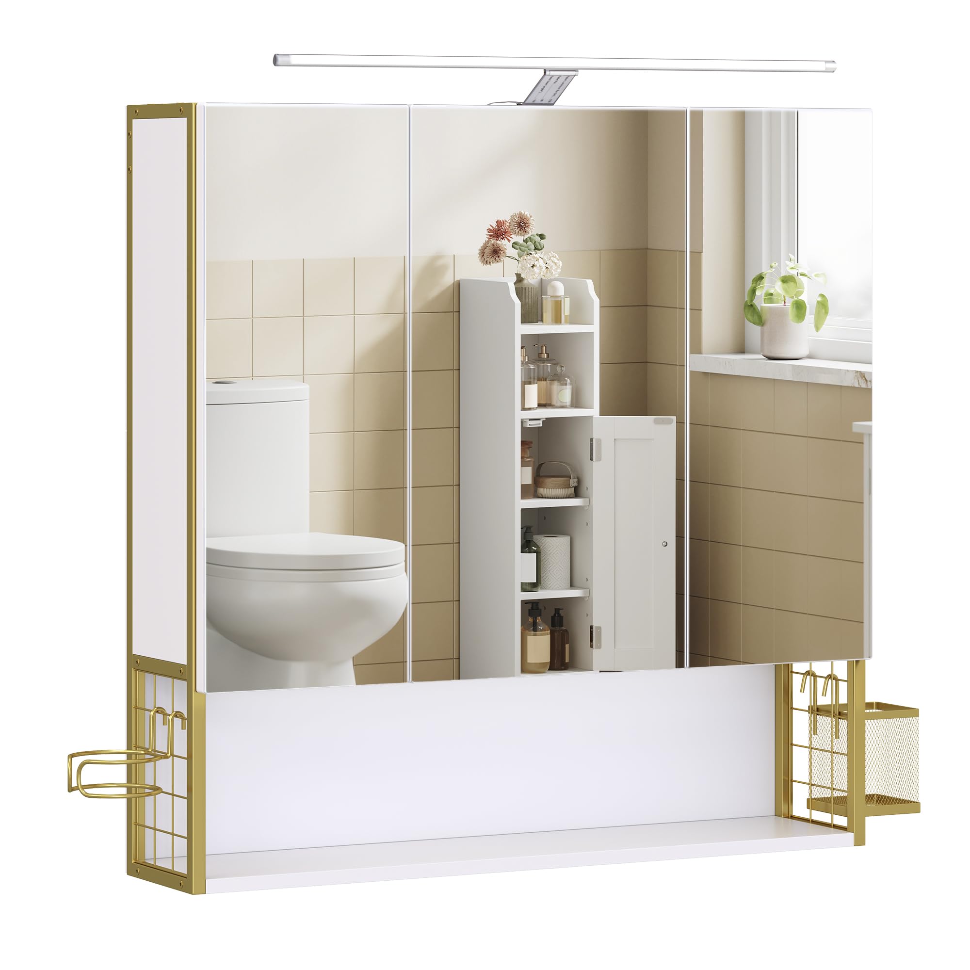 VASAGLE Armario de Baño con Espejo 3 Puertas, Mueble de Pared con Espejo, Enchufe, Cesta Colgante, Soporte para Secador de Pelo, para Baño, Lavabo, Blanco Nube y Verde Claro Dorado BBK124A10
