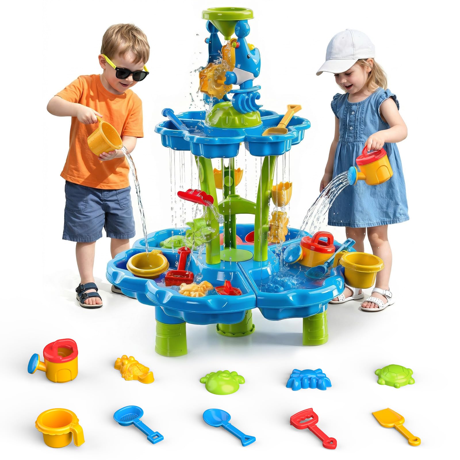 HeySplash Water Table for Toddlers, 3-Tier Kids Water Table for Boys Girls Over 3 Years, Outdoor Toys Sensory Table with 13 Piece Toy Accessories,