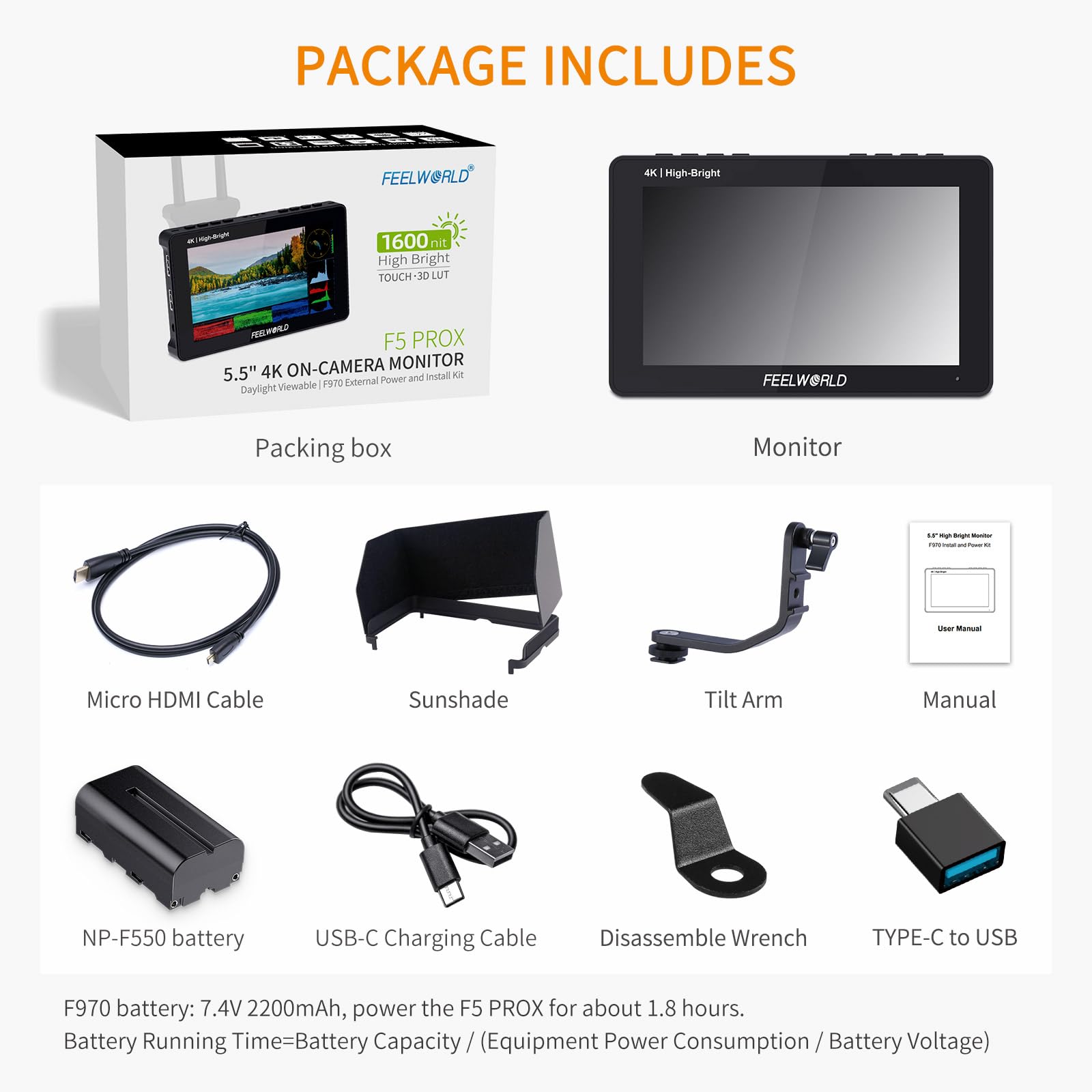 FEELWORLD F5 PROX 5,5" monitor fotograficzny o wysokiej jasności 1600nit, wejścia i wyjścia HDMI 4K, ekran IPS Full HD 1920x1080, z zestawem montażowym F970 i baterią F750