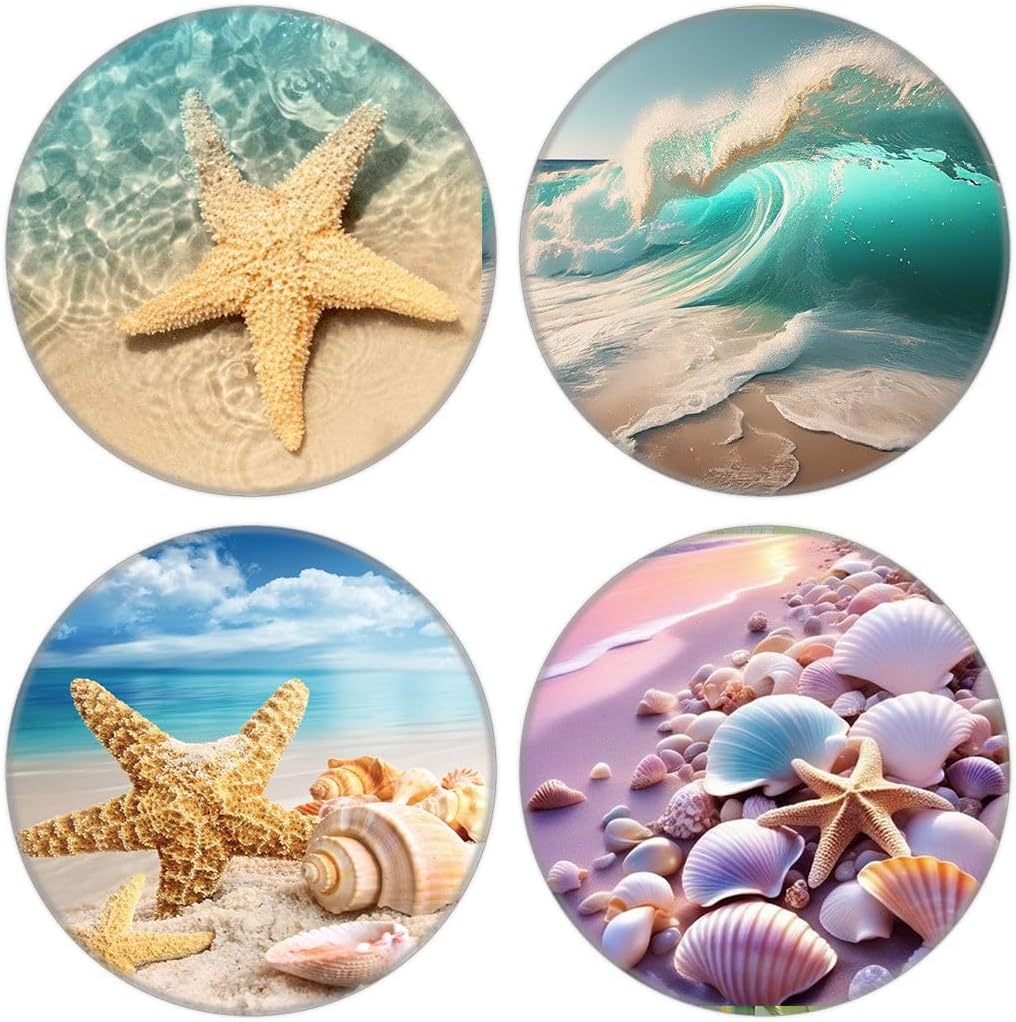 (4 Pack) Cell Phone Grip for Smartphones, Collapsible Stand Moblie Phone Expanding Holder for Phone and Tablets - Ocean Wave Starfish Seashell