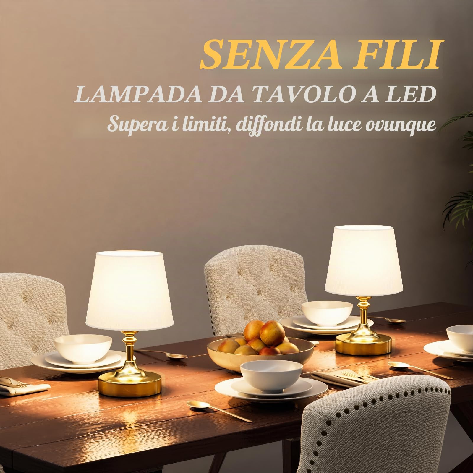 Piccolo Lampada da Tavolo LED Senza Fili, Batteria Ricaricabile, Dimmerabile, Paralume in Lino Bianco, Lampada da Comodino LED per Camera da letto, Sala da Pranzo, Soggiorno, Deco(Ottone)