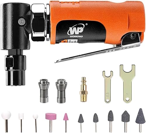 WORKPAD - Mini amoladora de ángulo de aire con juego de 10 piezas de amoladora neumática, 20000 RPM, mini herramientas neumáticas, equipada con