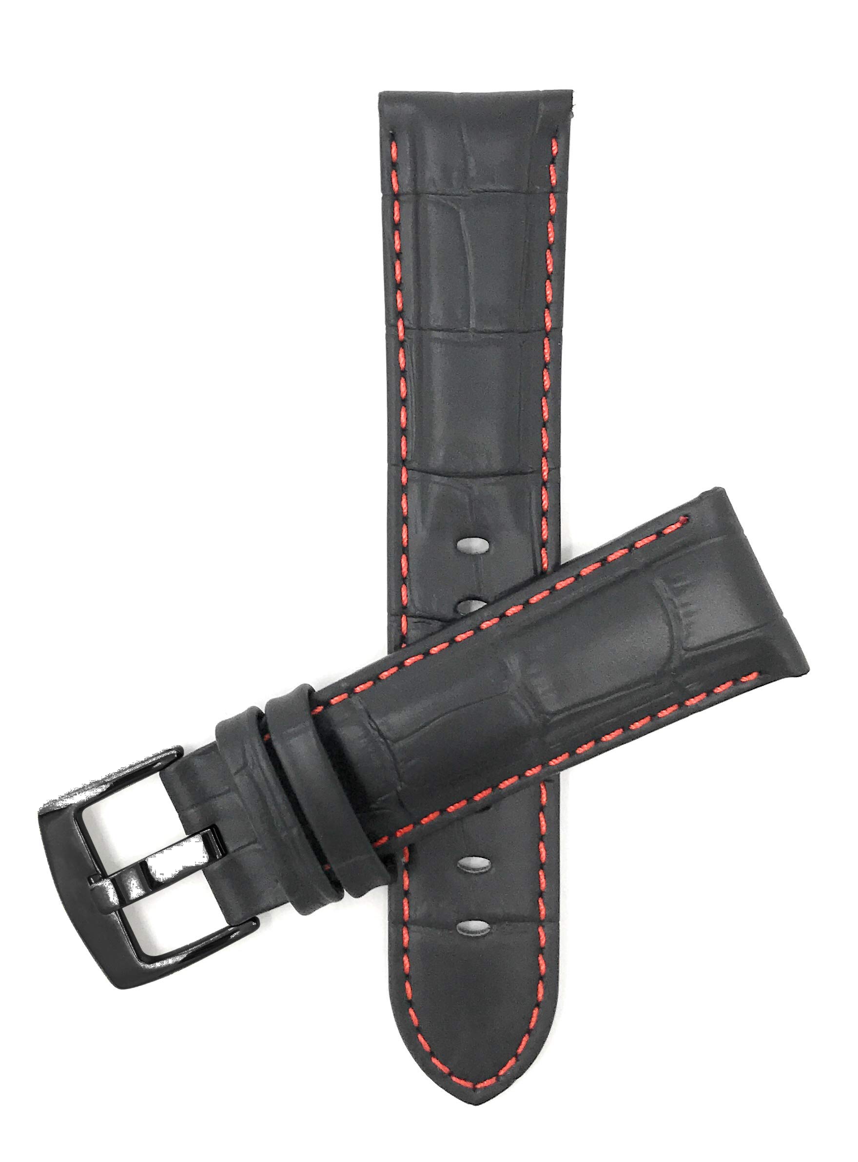 Bandini 22mm Mens Leather Watch Band - Alligator Pattern Leather Watch Strap - Replacement Watch Band for Classic and Smart Watch - Black and Red 22 mm Watch Band - Black Buckle